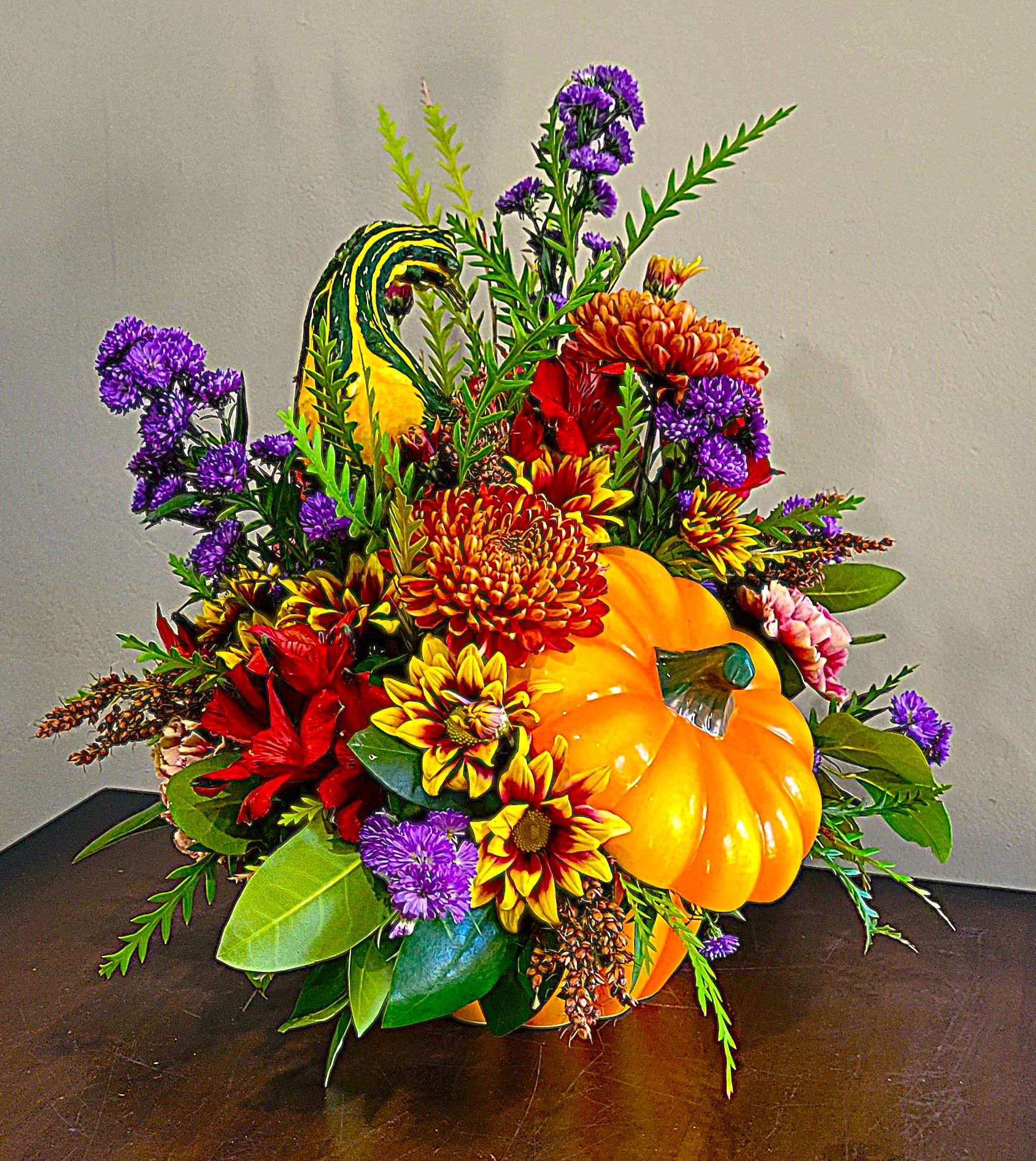 Just GOURDgeous ! Just GOURDgeous ! - It wouldn't be fall without a ceramic pumkin filled with bountiful autumn flowers and an miniature ornamental gourd.
