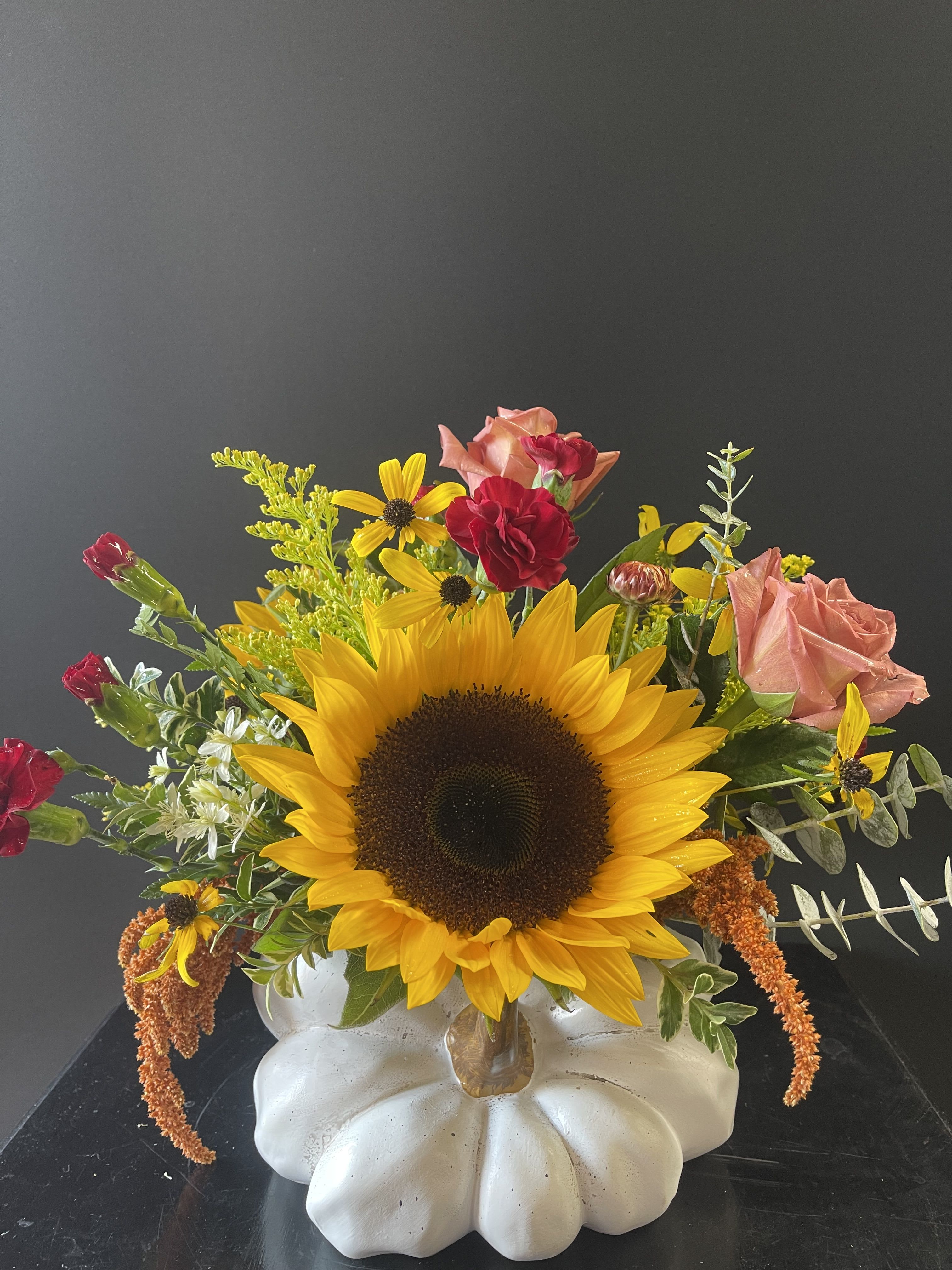 White Pumpkin Floral Arrangement  - The cutest little squashed pumpkin filled with the beauty of fall.