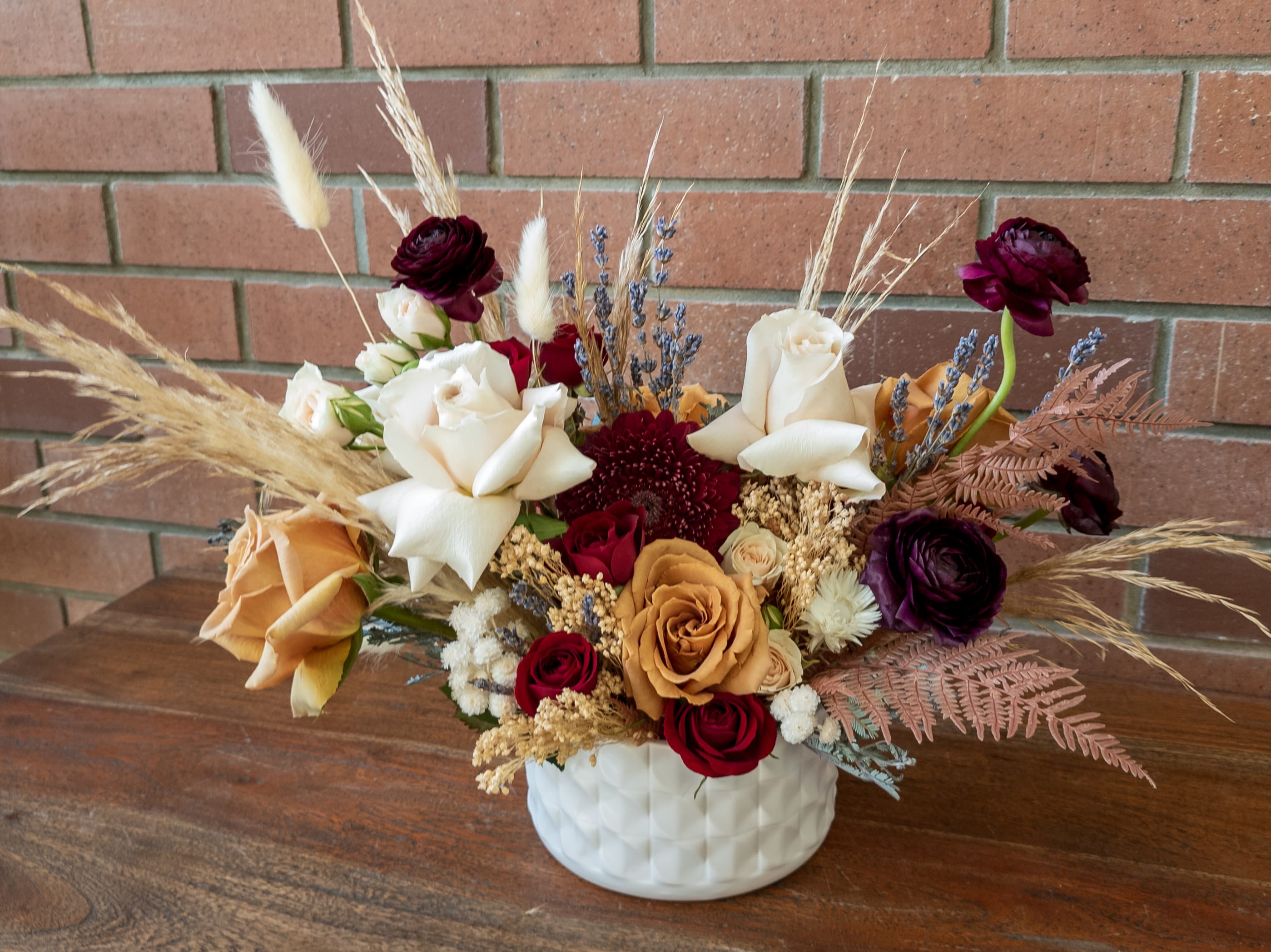 Autumn's Poetry Bouquet - Burgundy reds beige and browns fresh cut roses, spray roses ranunculus mum arranged with preserved fall ferns grasses and bunny tails.