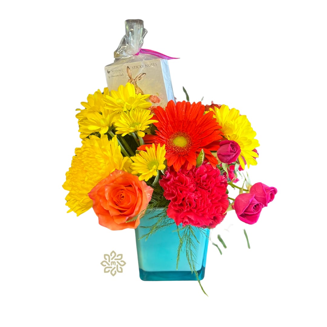Blooming Brights Cube Blooming Brights Cube - Transform any desk, dorm or classroom into a vibrant haven with our Blooming Brights Cube! This cheerful arrangement features an eye-catching mix of bright-colored Gerber daisies, playful pom daisies, elegant spray roses, and striking cremones, all nestled in a sleek aqua cube container. Perfect for those heading back to school or the busy professional in need of a cheerful pick-me-up. Plus, enjoy a festive garden animals sticky note pad to add a touch of whimsy to your daily notes and reminders!