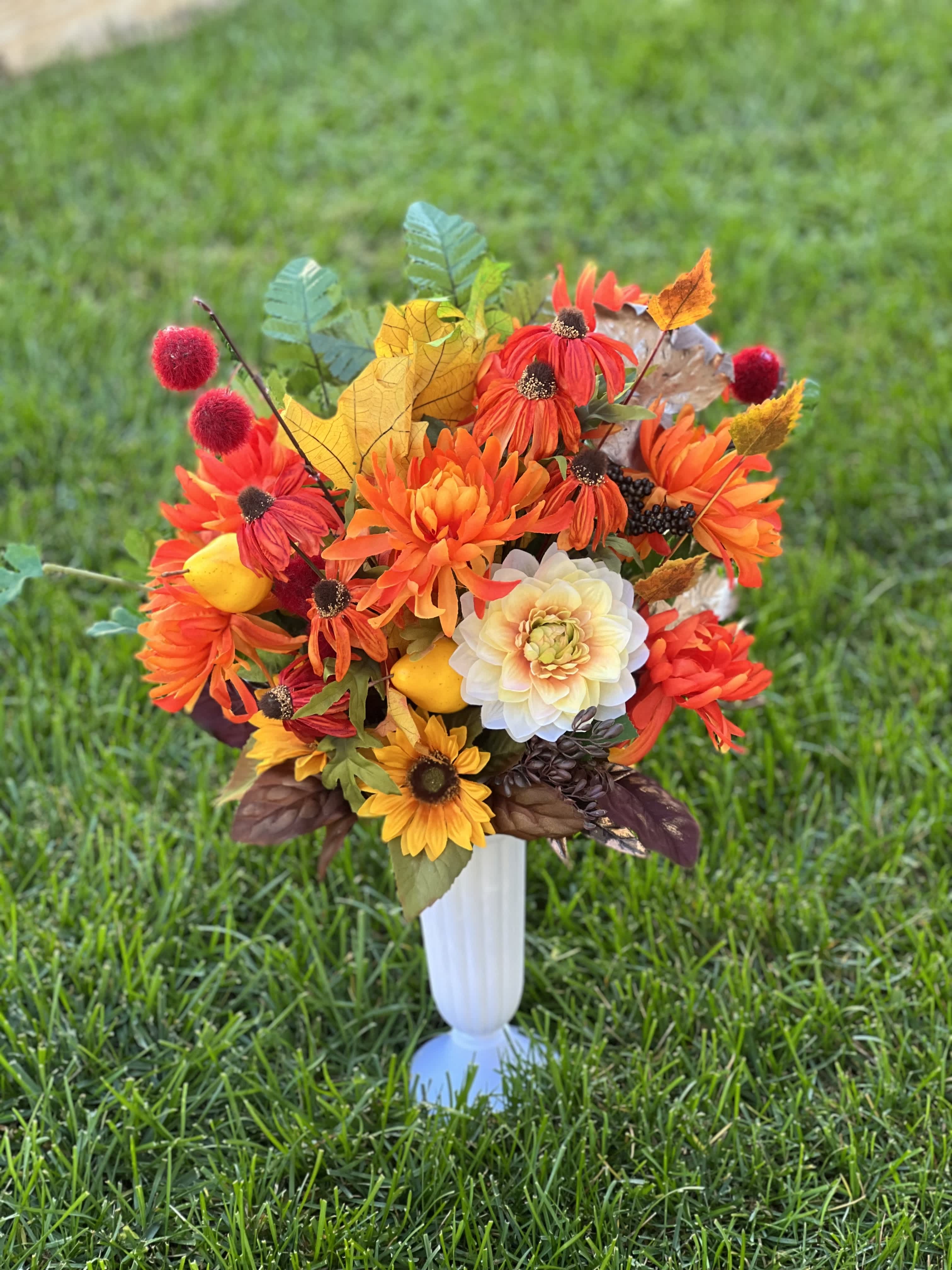 Late Summer Cemetery Vase - Beautiful remembrance cemetery vase for Summer. Created with silk flowers in a variety of  fall/summer colors. White vase made of recycled plastic. Vase is 10&quot; tall. Comes with a spike for easy insertion into the ground.