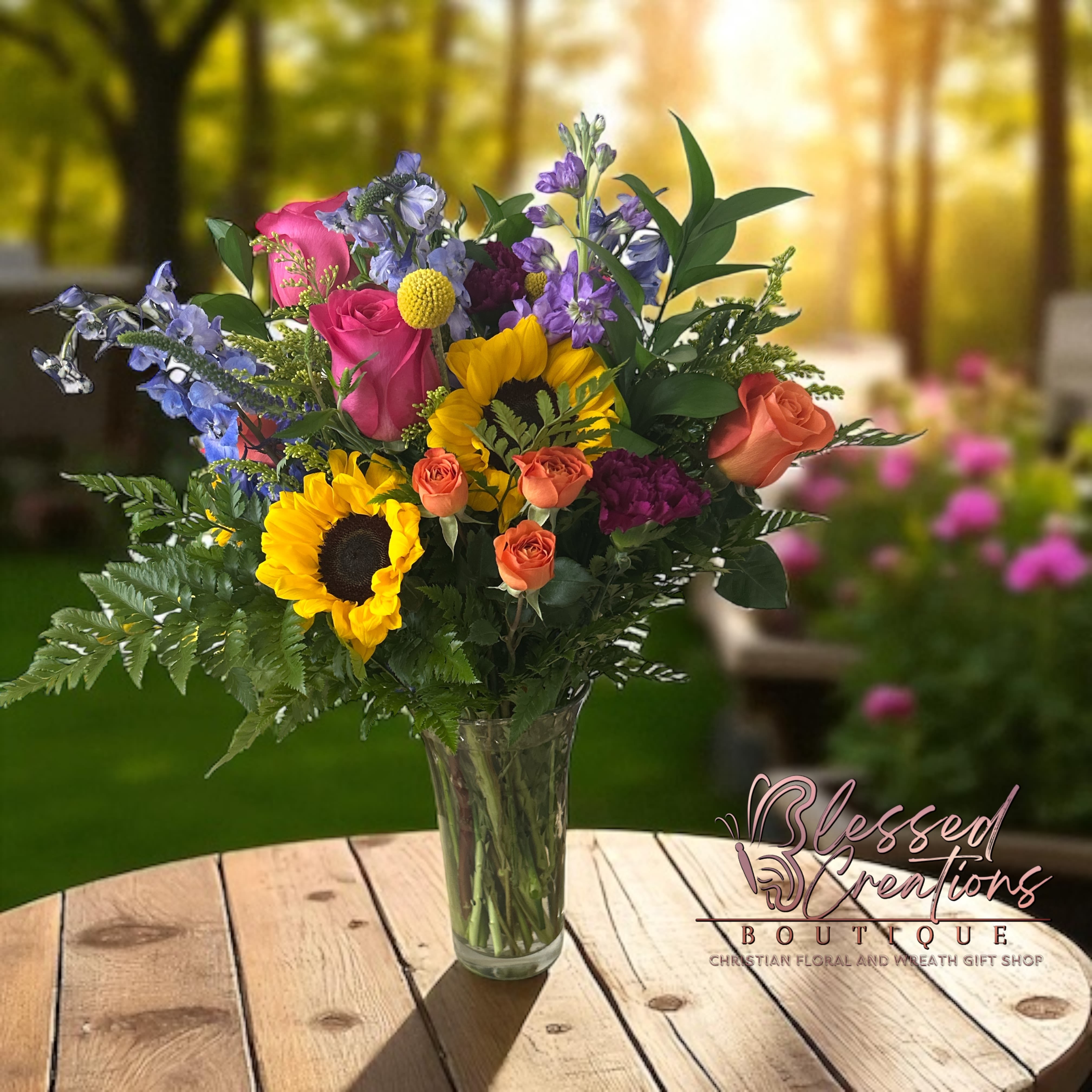 Sunshine and Joy  - Bring warmth and happiness into any space with the Sunshine &amp; Joy Bouquet. This lively mix features sunflowers, orange spray roses, coral roses, pink roses, blue delphinium, craspedia , carnations, and lush greenery. Designed in a classic clear vase, this bouquet radiates cheer and is perfect for birthdays, celebrations, or simply sending sunshine to someone’s day.