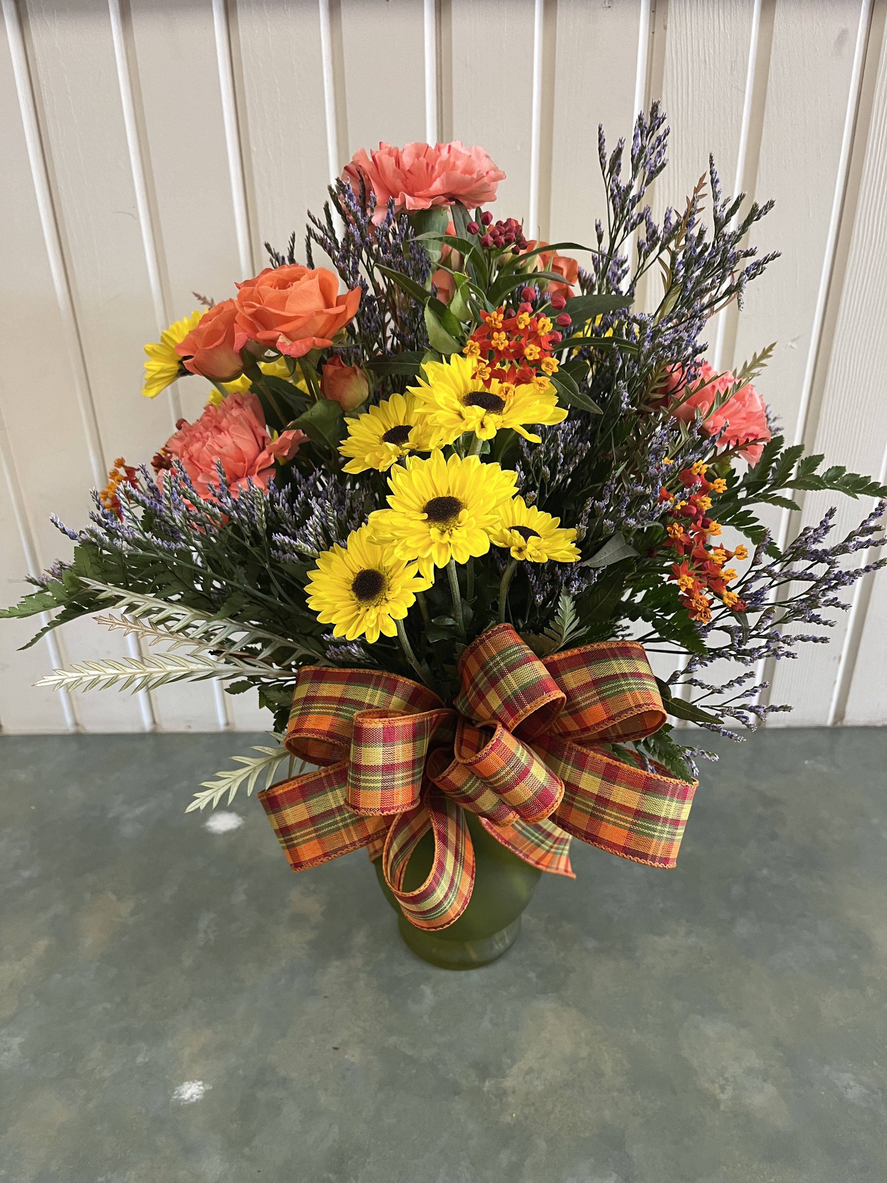 Fall Designers Choice Bouquet standard - Fall colored mix of flowers in a fall colored glass vase 