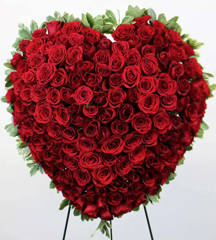True Love - Embrace the timeless beauty of passion with our &quot;True Love&quot; floral arrangement. This stunning design features a heart-shaped cascade of over four dozen velvety red roses, each meticulously arranged to symbolize deep affection and unwavering commitment. Accentuated with lush greenery, this romantic masterpiece is sure to impress and is the perfect expression of love for any special occasion, whether it's Valentine's Day, an anniversary, or a heartfelt gesture of admiration. Please note that this arrangement is created in floral foam, which means it has a shorter life span compared to flowers in water. Let the &quot;True Love&quot; arrangement speak the language of your heart, delivering a powerful message of devotion and romance.  **If you would like a different color of rose, please add your preference in the order notes or call us directly, and we will be happy to accommodate your request**
