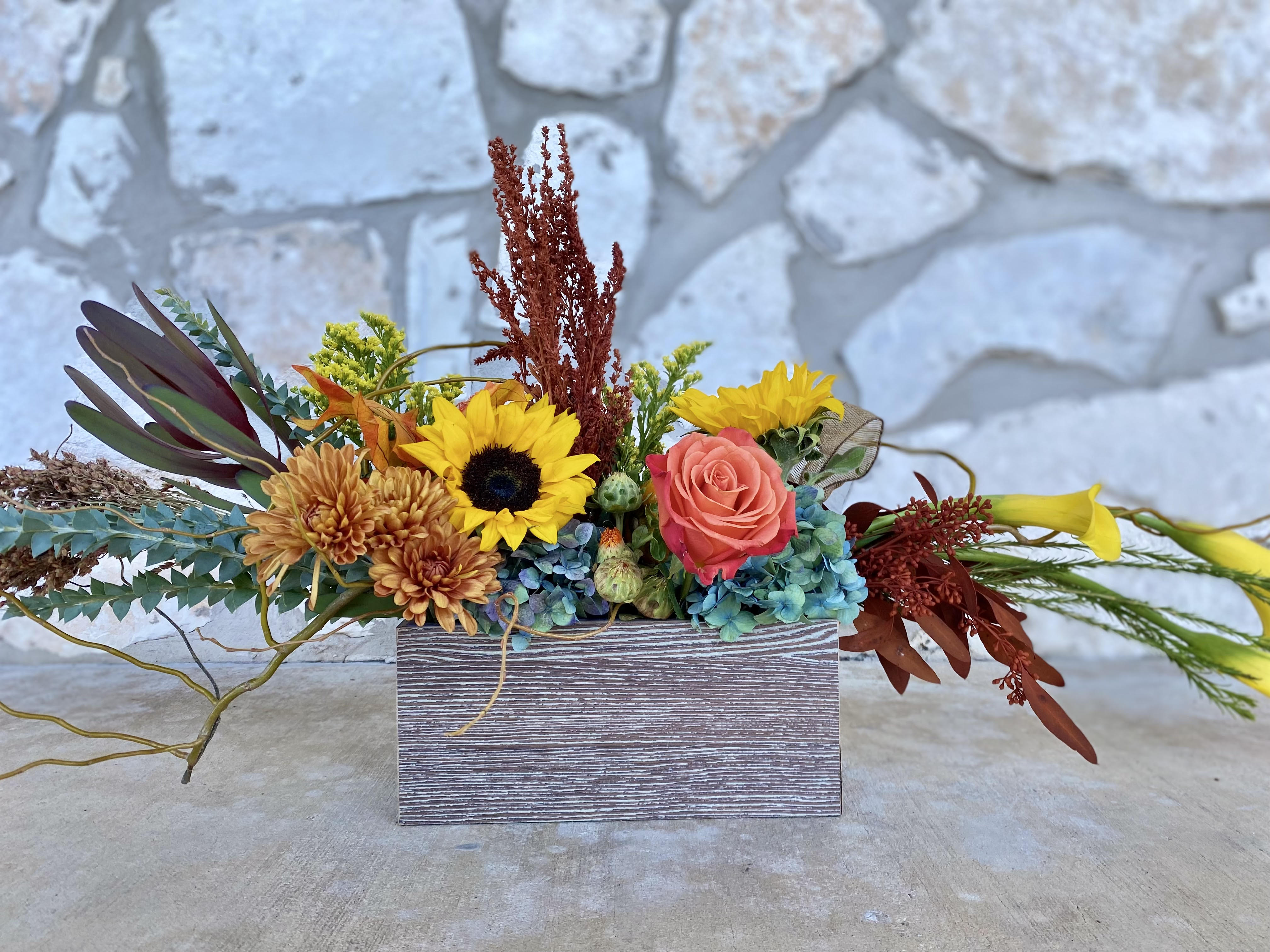 Everlasting Harvest - Centerpiece with Hydrangeas, Callas, Sunflowers and Roses