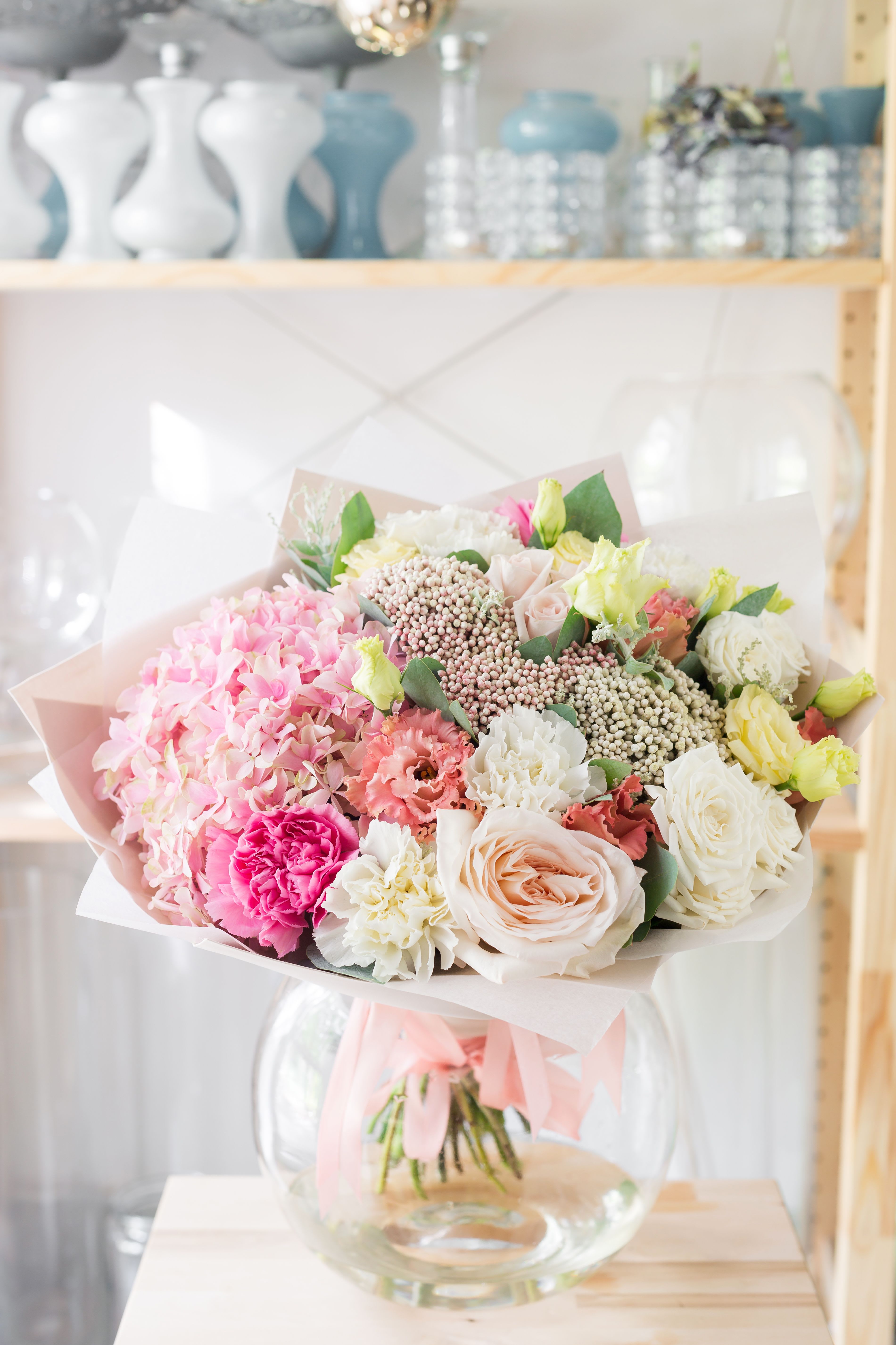 Blush Harmony Bouquet Blush Harmony Bouquet - Soft ,romantic, and timeless, the Blush Harmony Bouquet is a graceful blend of pastel elegance. Featuring lush pink hydrangea, delicate garden roses, carnations,lisianthus,and airy seasonal accents, this arrangement captures the beauty of love and celebration in every petal. Wrapped in premium paper and tied with a soft blush ribbon, its a bouquet that speaks of tenderness and joy . Please note: Flower varieties may vary depending on seasonal availability. Substitutions of equal or greater value will be made while maintaining the same style and beauty.