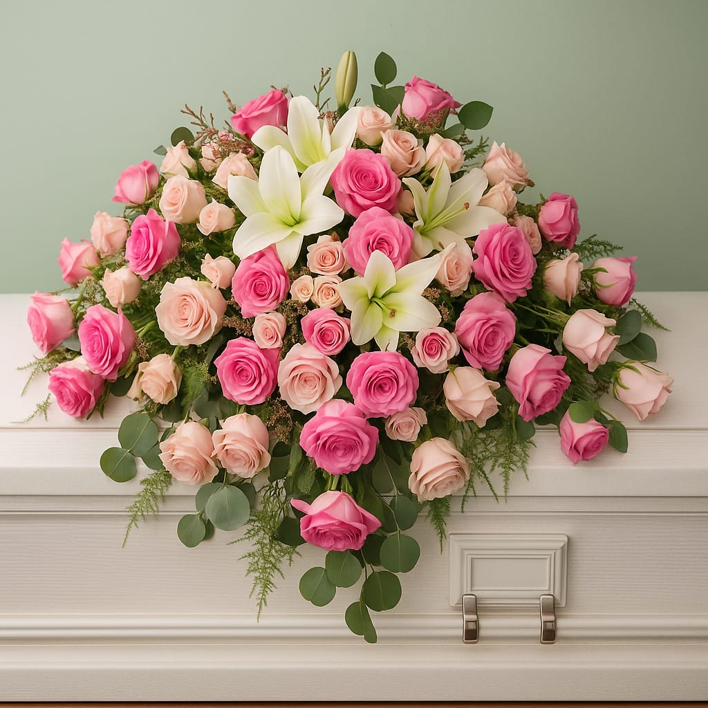 Graceful Farewell Graceful Farewell - Graceful Farewell Honor a cherished life with Graceful Farewell, a refined casket spray featuring a lush variety of soft pink roses paired with pure white lilies. This tender combination of pink and white blooms expresses compassion, love, and serenity, creating a timeless tribute for a final goodbye. Designed to fit gracefully across the casket, Graceful Farewell is arranged with layers of fresh greenery for a natural, garden-inspired look. Each stem is carefully selected to reflect both beauty and dignity, offering comfort and peace during a time of remembrance. As your local florist in Olympia, WA, Specialty Floral Design provides same-day flower delivery in Olympia, Tumwater, and Lacey, WA. We deliver to local funeral homes including Funeral Alternatives in Lacey and Tumwater, Woodlawn Funeral Home in Lacey, WA, Mills & Mills Funeral Home in Tumwater, as well as surrounding churches and memorial locations. Every sympathy arrangement is handcrafted with care to create a one-of-a-kind floral design that honors your loved one. Let Graceful Farewell speak from the heart, a beautiful tribute of roses and lilies, honoring a life remembered with love.
