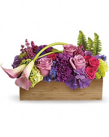 Teleflora's Ticket to Paradise Teleflora's Ticket to Paradise - If a floral version of paradise is what you're after, this incredible gift is just the ticket. A masterful assortment of tropical flowers and greens is amazingly arranged in a distinctive rectangular natural bamboo container. Absolutely stunning. Lovely lavender hydrangea and roses, pink miniature callas, hot pink spray roses, purple carnations, heather, fern and more fill a natural bamboo container.