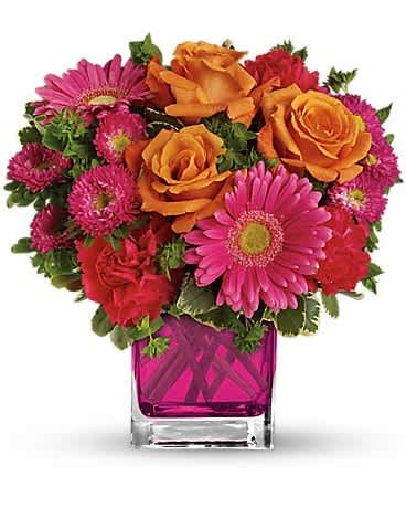 Teleflora's Turn Up The Pink Bouquet Teleflora's Turn Up The Pink Bouquet - Turn up the heat with this hot pink, haute couture creation! Super chic and oh-so-fun in its fuchsia Cube vase, this girly mix of gerberas and roses is sure to warm her heart. This brilliant bouquet of lush orange roses, hot pink gerberas, carnations and matsumoto asters are accented with bupleurum and variegated pittosporum. Delivered in a glass Cube.