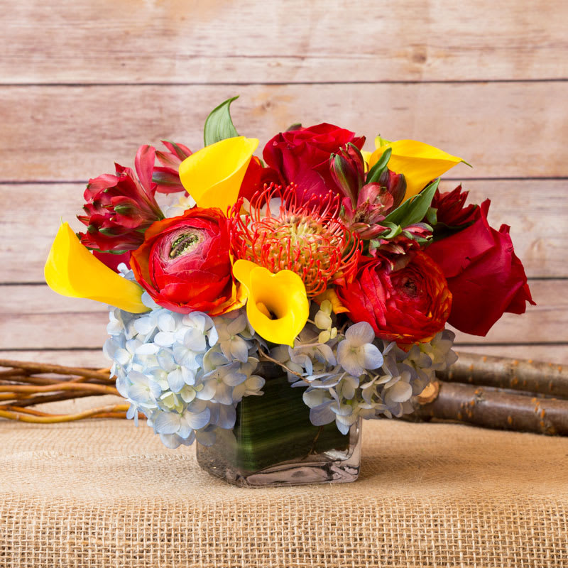 MIXED SPRING EXOTIC ARRANGEMENT - Colorful cube arrangement that includes pin cushion protea, calla lilies, roses, hydrangea, ranunculus, and alstromeria.