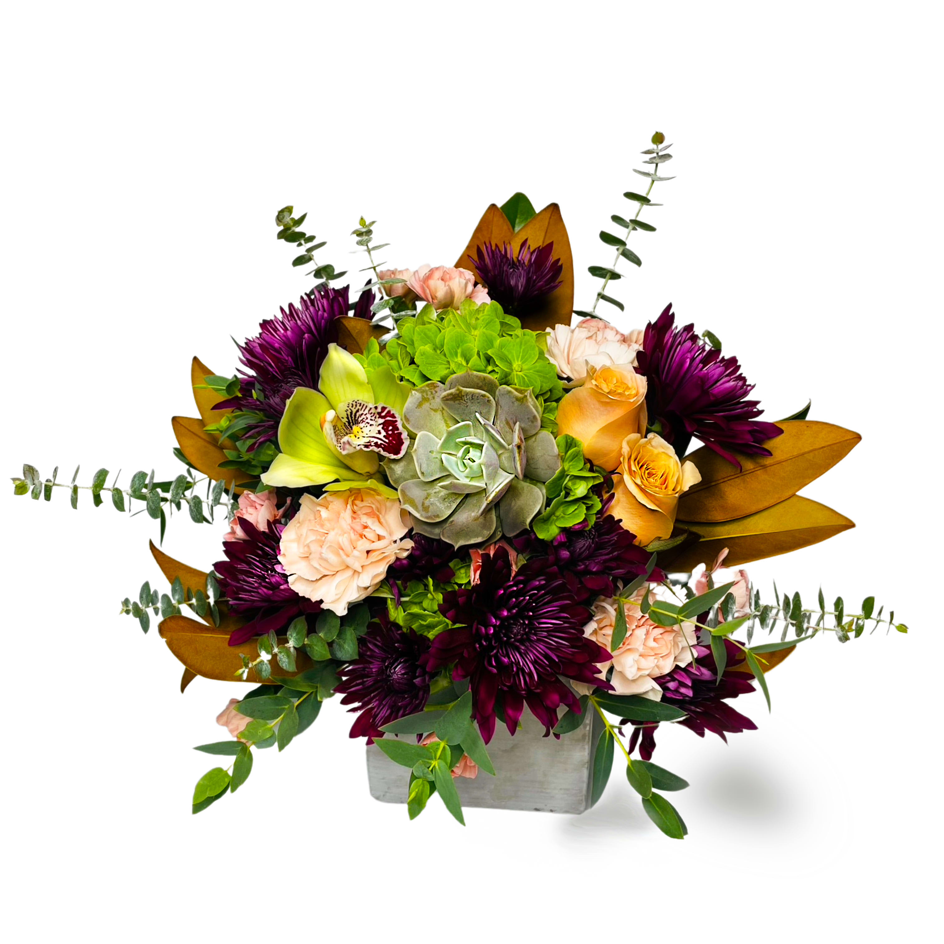 Deeply Unique Deeply Unique - Modern and sophisticated style with green hydrangea, bold yellow roses, purple accents of mums, and cymbidium orchid