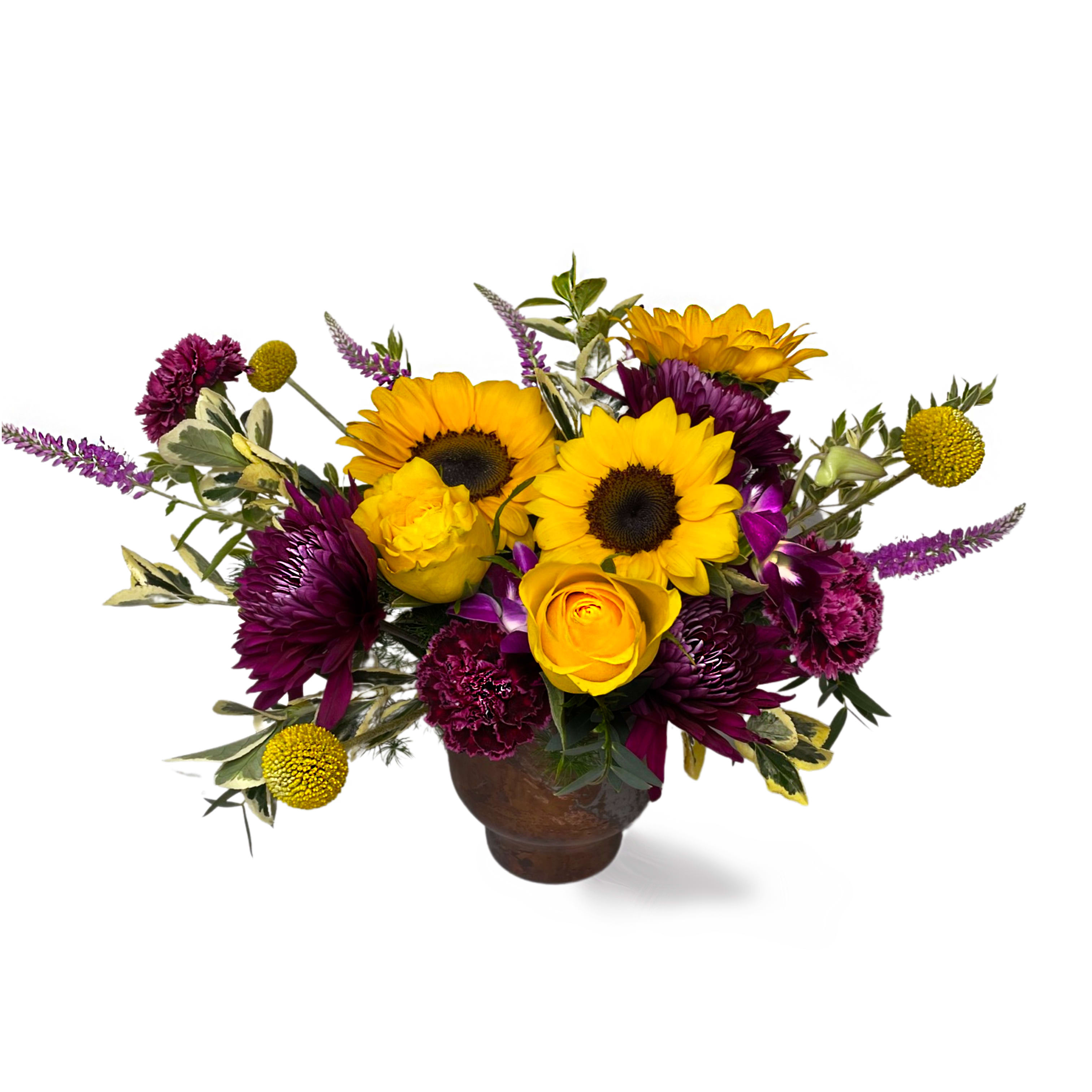 Glowing Goodness Glowing Goodness - Whimsical and bright this all-around arrangement is sure to make a statement in any home! Arrangement includes lines of purple veronica, orchids, golden sunflowers, deep purple mums, imported carnations, and touches of bright greens. Container is approximately 5.4 ".