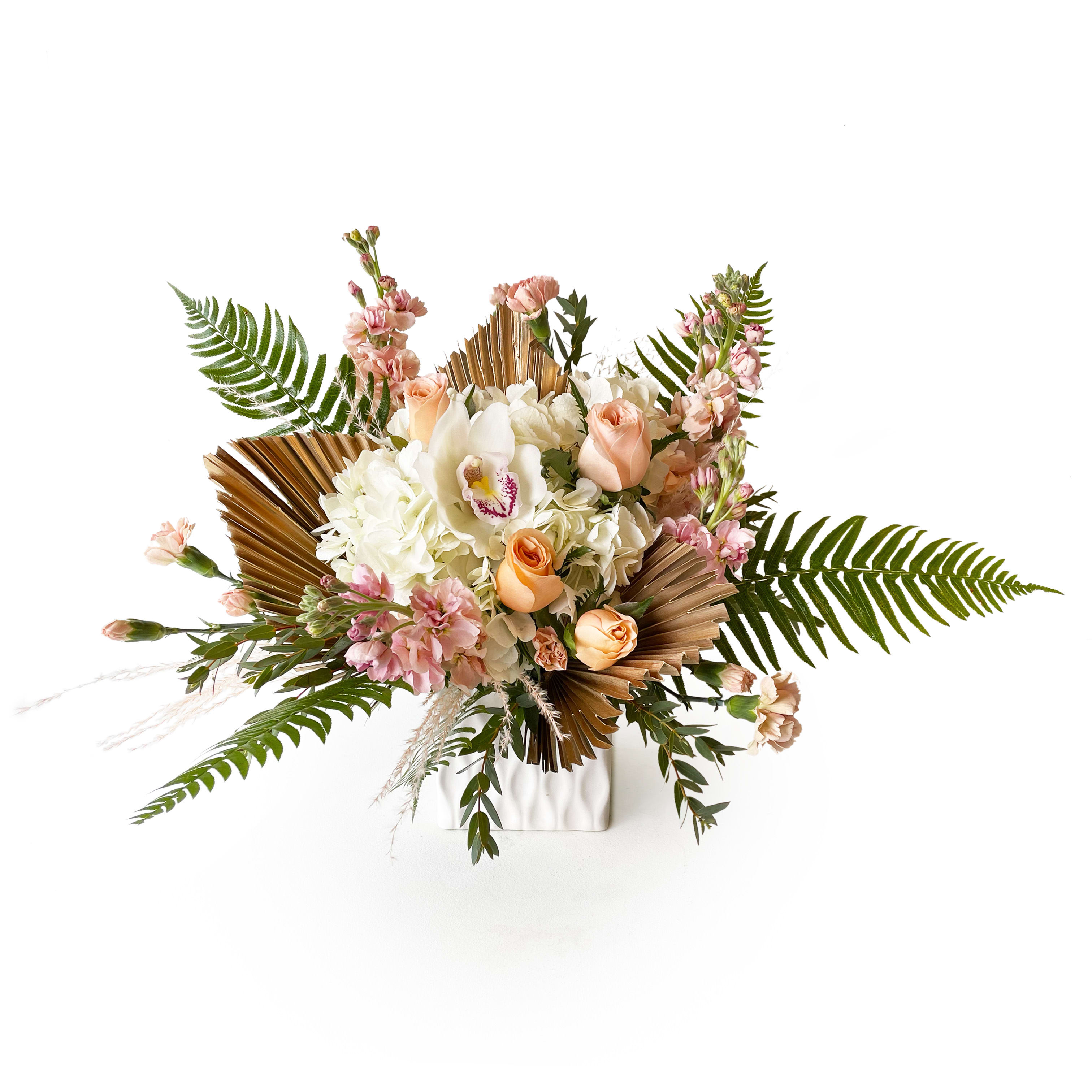 So Chic - You'd be crazy not to send this stunner! It's so chic. It's full of nothing but the best - roses, orchids, and hydrangea. Container sizes: standard 4 x 4&quot; cube, deluxe 5 x 5&quot; cube, premium 6 x 6&quot; cube.