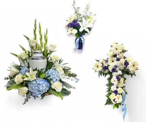 Blue Serenity Memorial Collection - The Blue Serenity Memorial Collection is made up of our three popular blue memorial arrangements:  the Blue Serenity Urn or Photo Tribute, Blue Serenity Memorial Easel, and the Blue Serenity Vased Arrangement.   Urn not included.