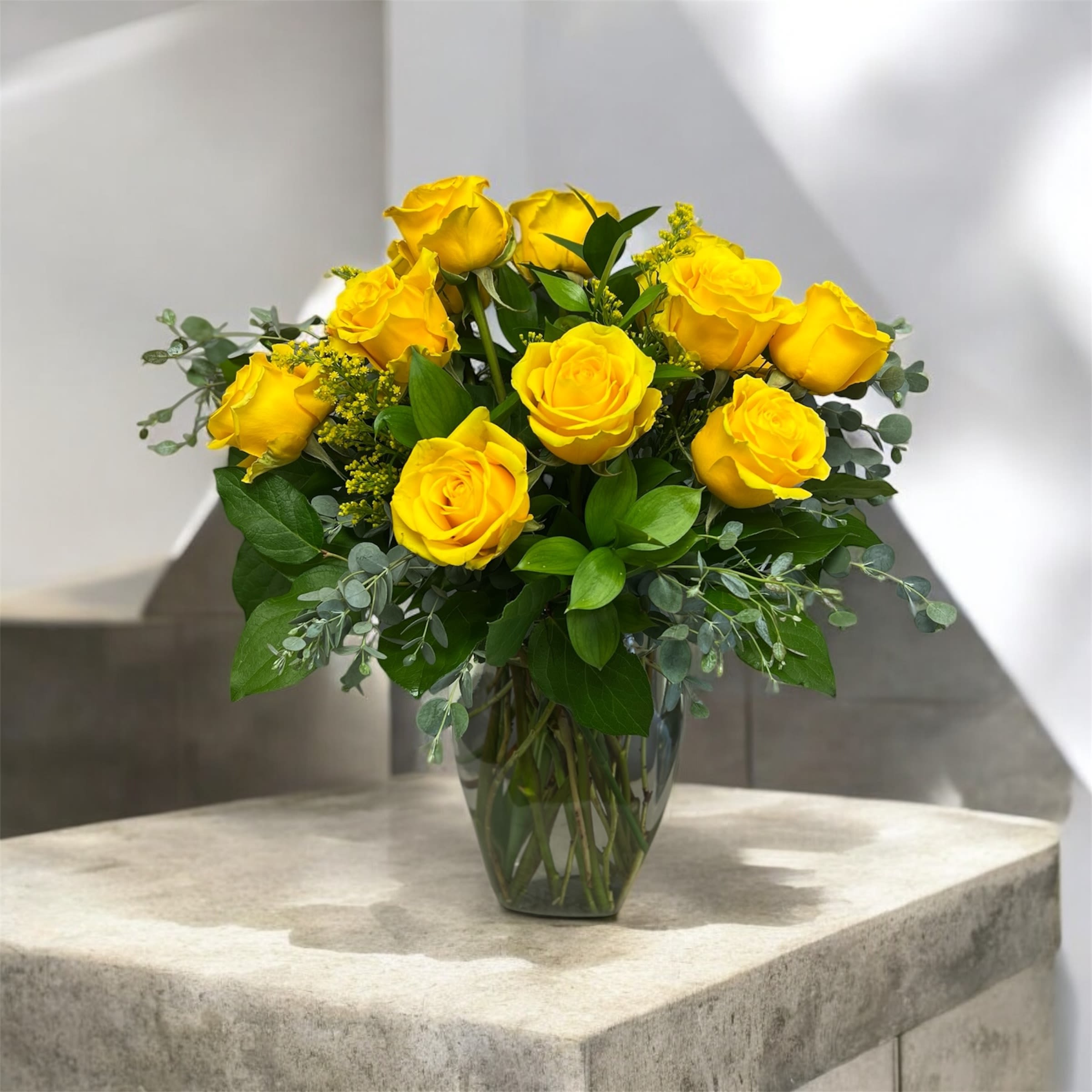 Brighter Day - Cheer someone up with this bright bold design with yellow roses, alstroemeria and solidago.  Thanks for shopping local!