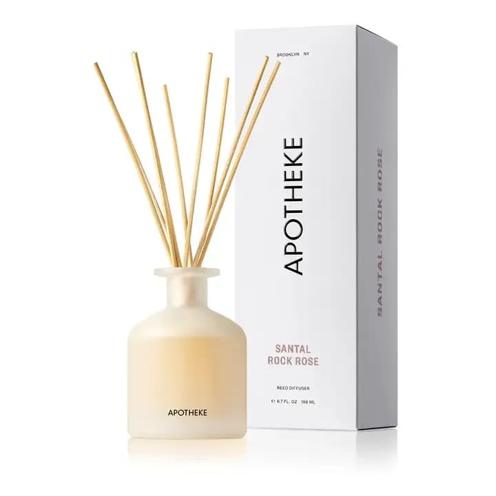 Apotheke Santal Rock Rose Reed Diffuser - The richness of sandalwood is combined with earthy, herbaceous rock rose to create a lush wood scent.  Carefully crafted with the highest quality alcohol-free, perfume-grade fragrance oils.  Designed to fill any space with a lasting, beautiful fragrance.  Made in United States
