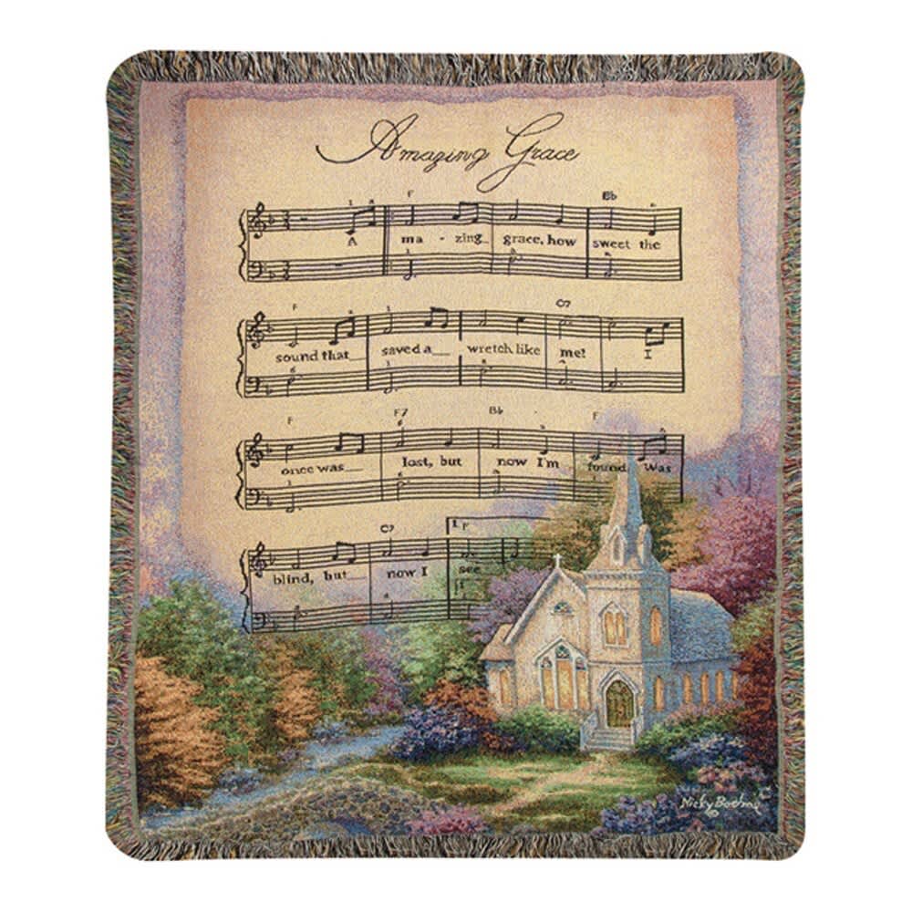 Church in the Country Tapestry Throw  - Throws will be folded with a bow with your card message. If you would like your throw displayed on an easel, you will need to choose the deluxe version. This heirloom-quality Church In The Country/Amazing Grace Tapestry Throw will add boutique charm to your home! Our Tapestry Throws are woven from 100% cotton. The weave is thick, and this versatile 50&quot; x 60&quot; piece can be used as a blanket, bedspread, or wall hanging.