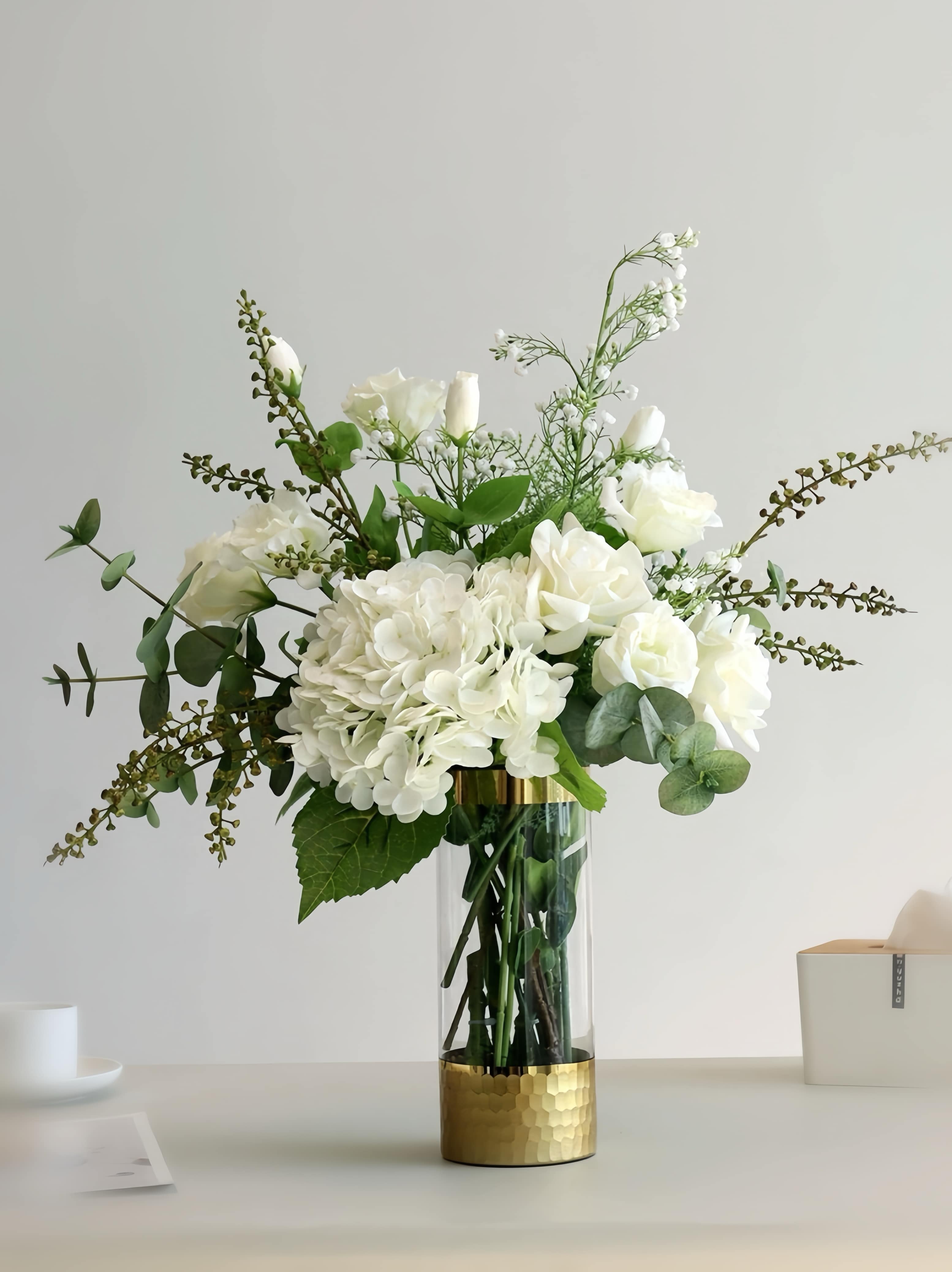 Sympathy Vase Bouquet - At times like this, when words are just too hard to express, let the flowers speak for you. Your caring thoughts and deepest condolences will be delivered through these beautiful arrangements.  All the arrangements will be custom made according to your colour preference, you may also add your personal touch to the design. Feel free to leave us a note or give us a call to let us know how you would like us to make the arrangements.  standard size:  14-16 florals deluxe size:  20-22 florals premium size:  26-28 florals