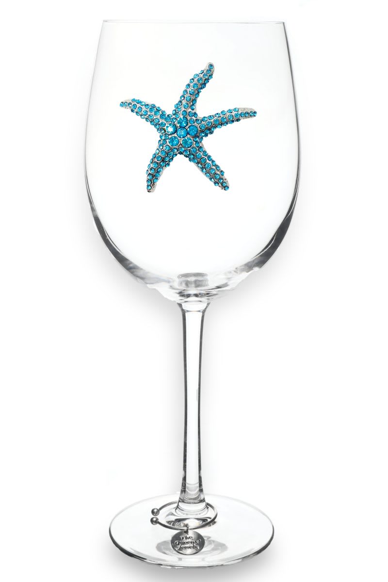 Blue Starfish Jeweled Glassware Blue Starfish Jeweled Glassware - This beautiful stemmed wine glass adorns a jeweled starfish. Beach lovers will love this collector wine glass.