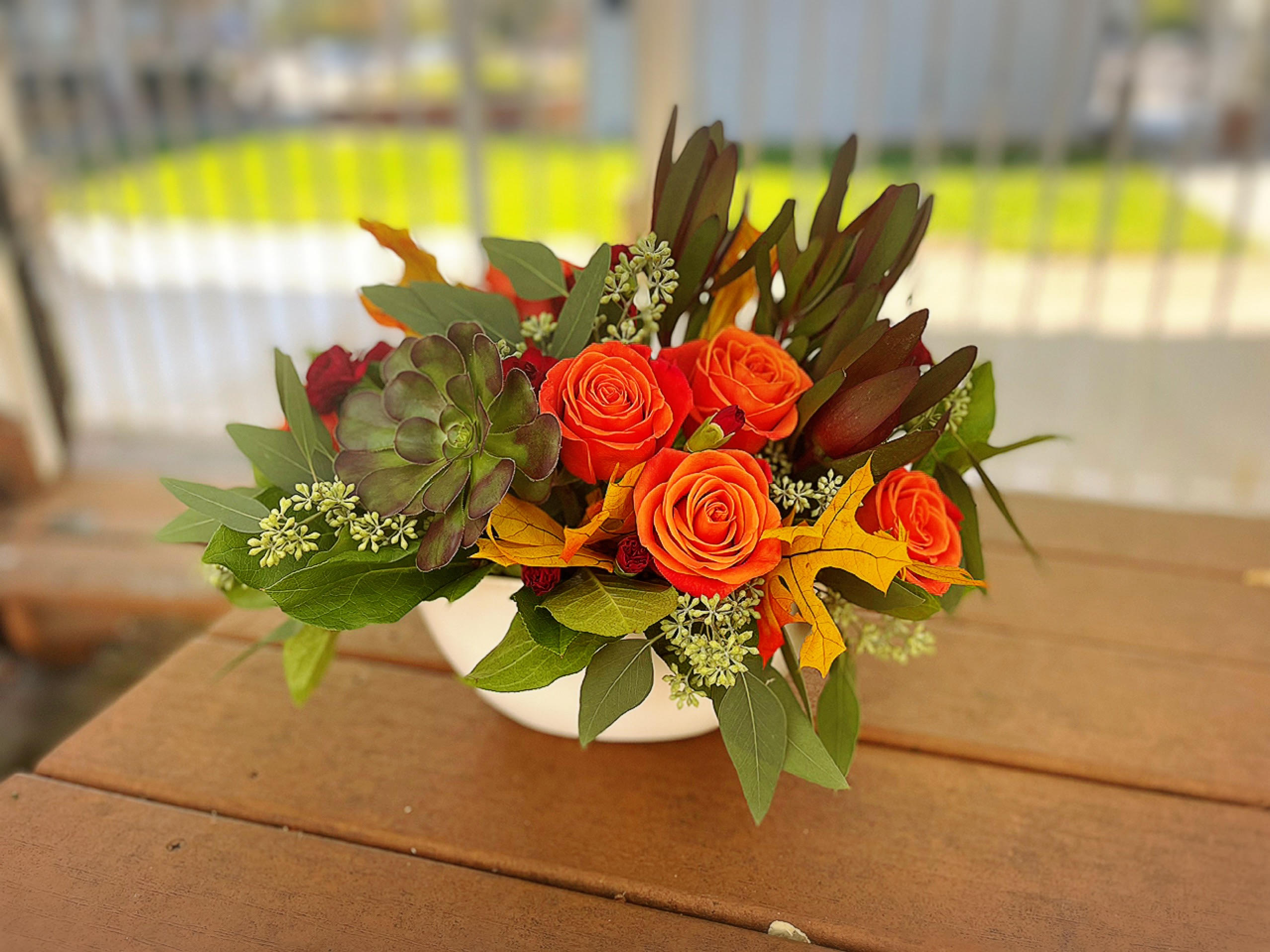Autumn Moon Autumn Moon - - 6 Orange Roses - 3 Safari - 1 Succulent - Red Mini Carnations - Fall Leaves