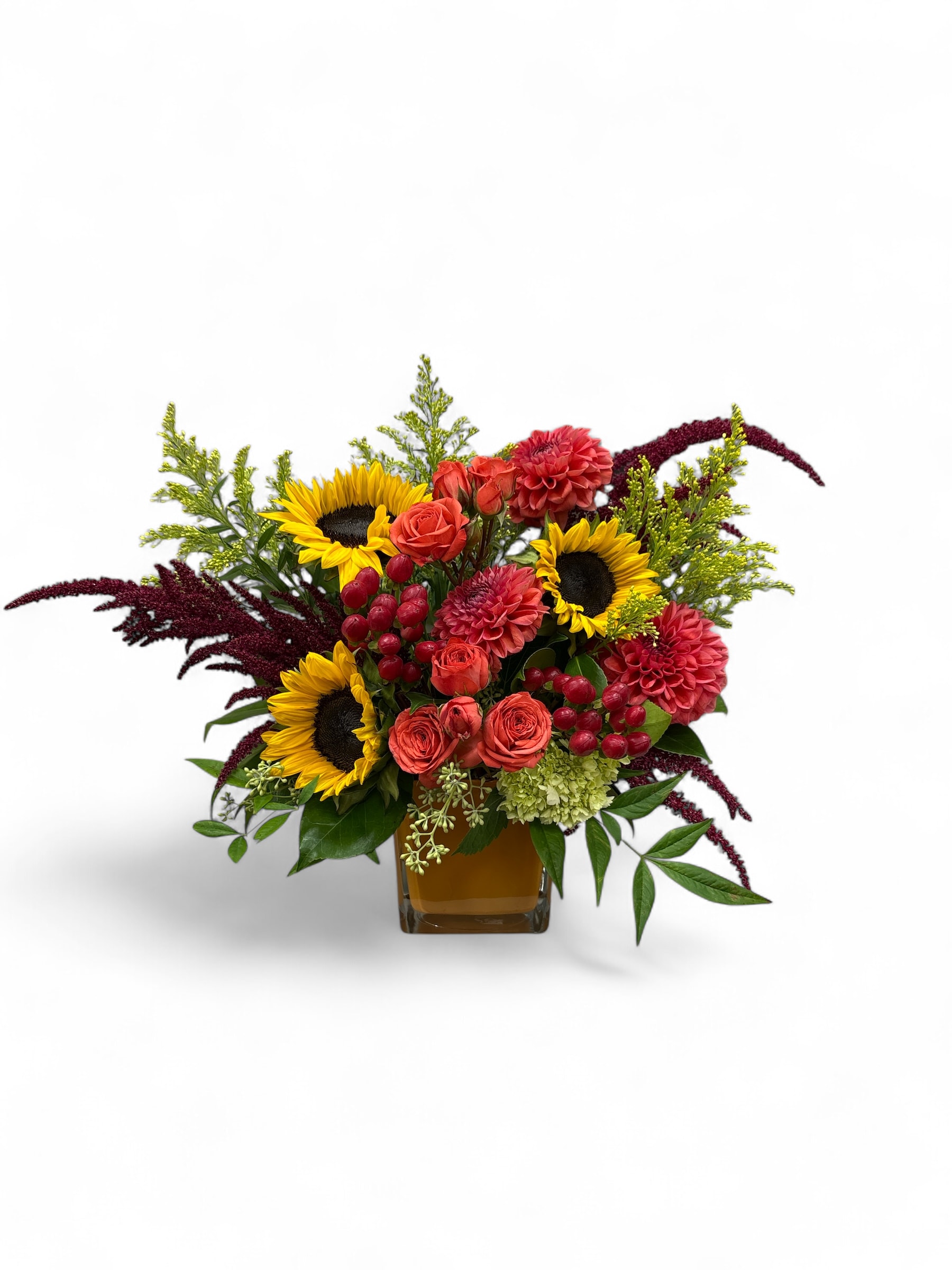 Hello Harvest! Hello Harvest! - Welcome the season with bright sunflowers, coral spray roses and dahlias!