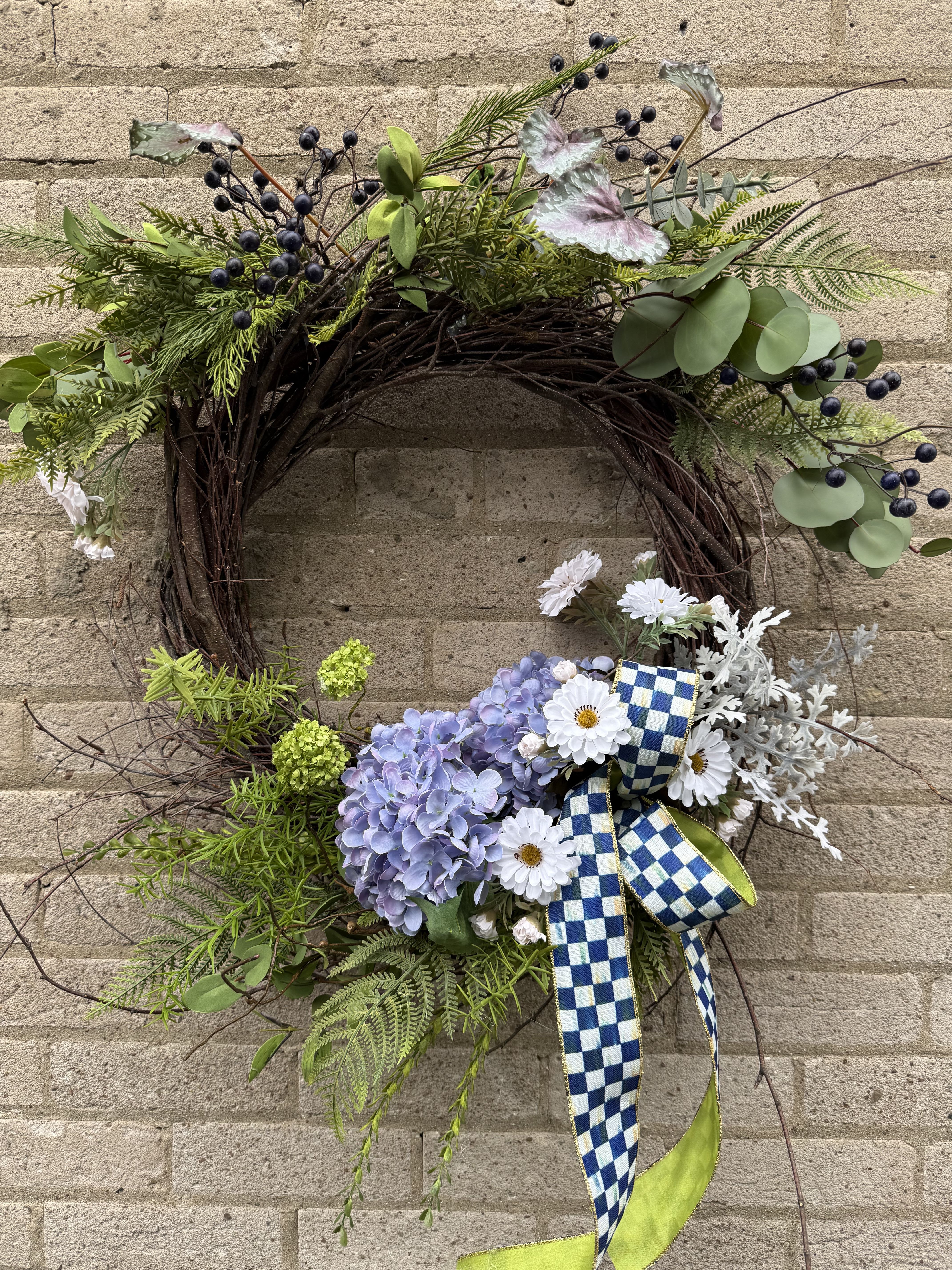 Blue and White Wreath - A perfect addition to the front door or could display in your home all year round, we have added Mackenzie ribbon and beautiful, high quality blooms. A Perfect gift that will last.