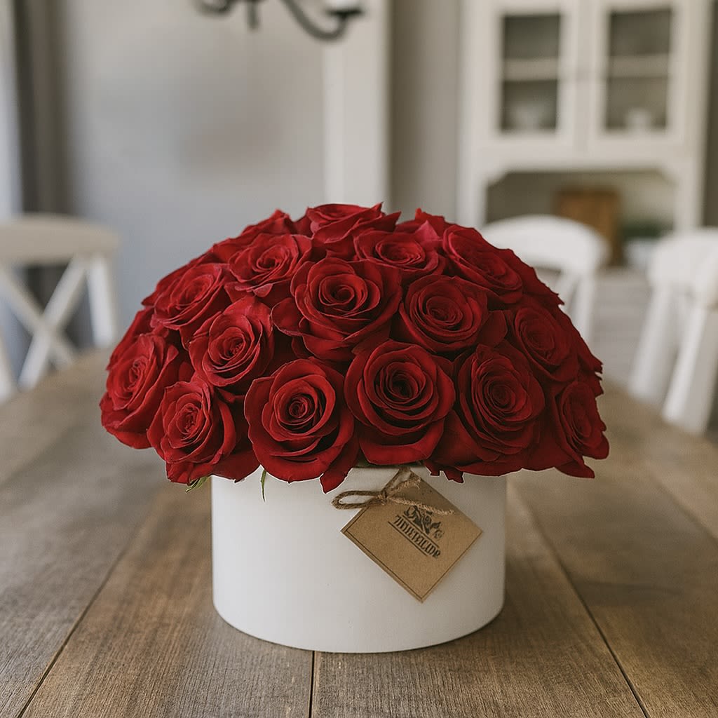 Endless Love by My Blooming Business - A timeless expression of devotion, Endless Love captures the beauty of romance that never fades. This lush bouquet layers velvety red roses in a white ceramic vase.   The bold contrast of the crimson bloom and white vase creates a striking balance — passionate yet graceful, just like true love.  Arranged in a modern glass cylinder vase, this design feels both classic and fresh, perfect for anniversaries, weddings, or those unforgettable moments when words alone aren’t enough. Much like the love it represents, its beauty lingers long after the first glance.  Perfect for: anniversaries, romantic milestones, weddings, or any declaration of love  Available for same-day flower delivery in Pasadena, Eagle Rock, Glendale, and throughout the Greater Los Angeles area. Featured on Yelp, Google, BloomNation, and more — discover why we're LA’s go-to florist for premium floral designs.