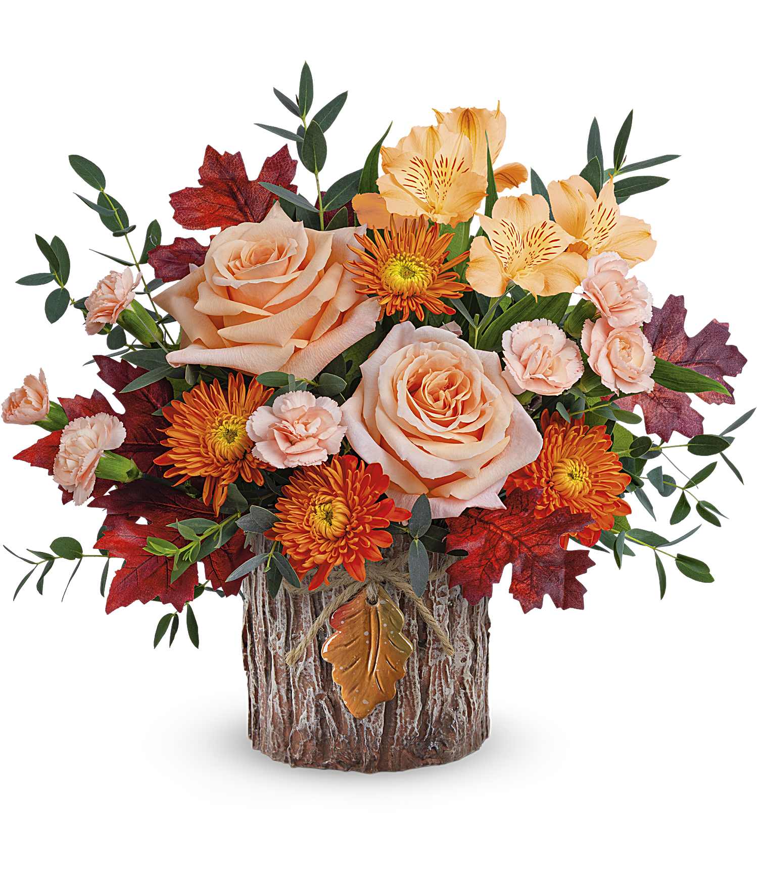 Woodland Garden Woodland Garden - With its unique tree bark-inspired design, this magnificent vase featuring an autumnal rose bouquet is sure to become a favorite in fall décor.