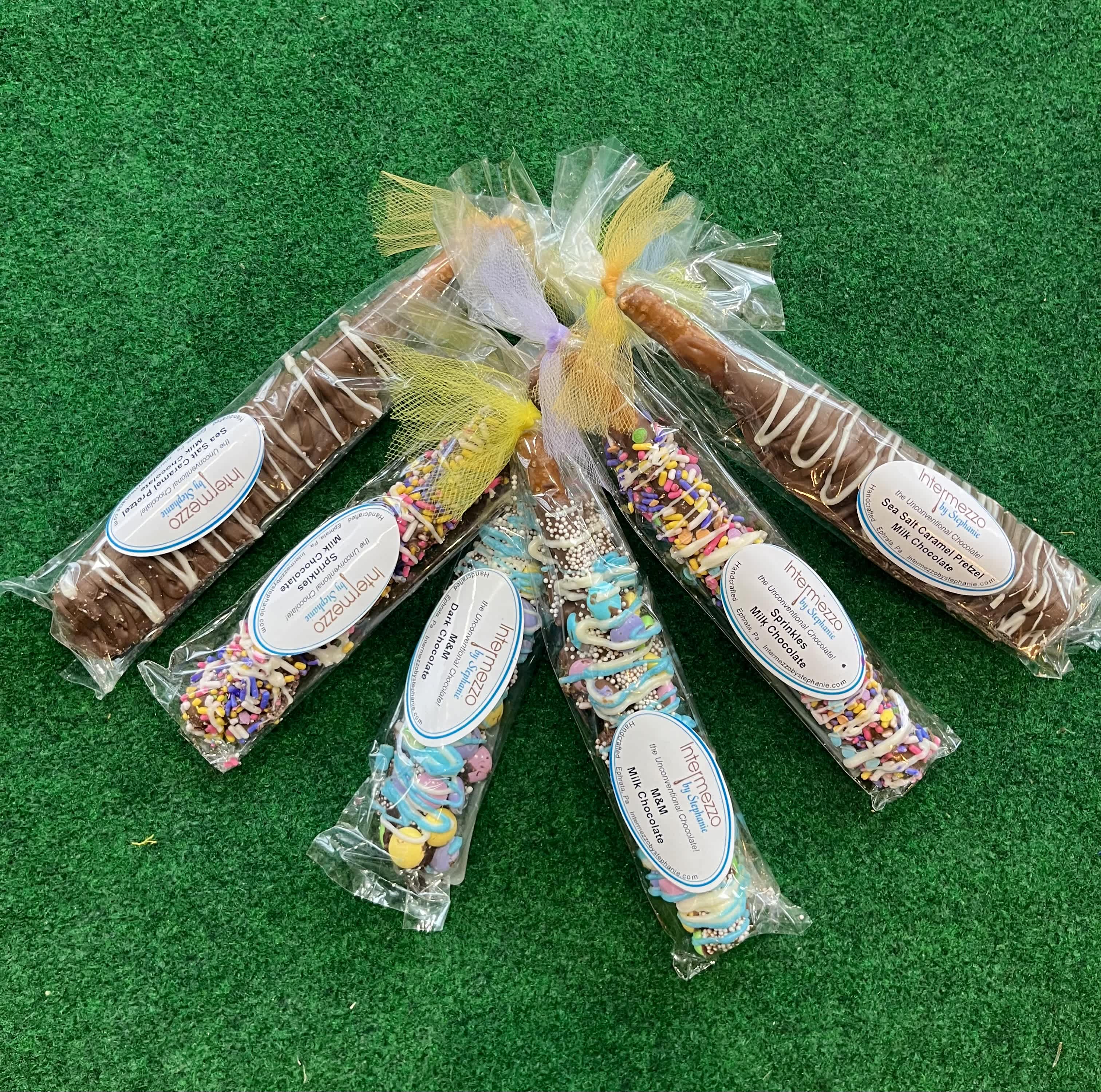 Chocolate Covered Pretzel Sticks - Locally made chocolate covered pretzel sticks in a variety of flavors
