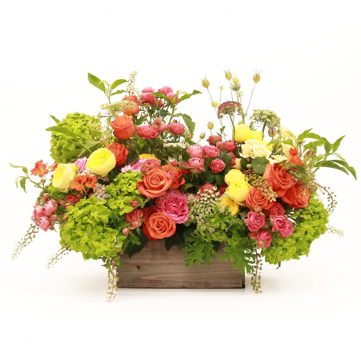 rustic beauty  - This vibrant box arrangement bursts with warmth and energy .bright, cheerful and showy arrangement in a rectangular wooden box featuring hydrangea, garden roses, south american roses, spray roses, sweetheart roses, queen anne's lace,  and greenery,our best-selling autumn bouquet is gathered with fresh-picked flowers, revealing the rustic beauty of nature. Shades of golden yellow, rich red and pops of orange create a timeless gift for someone special to enjoy.