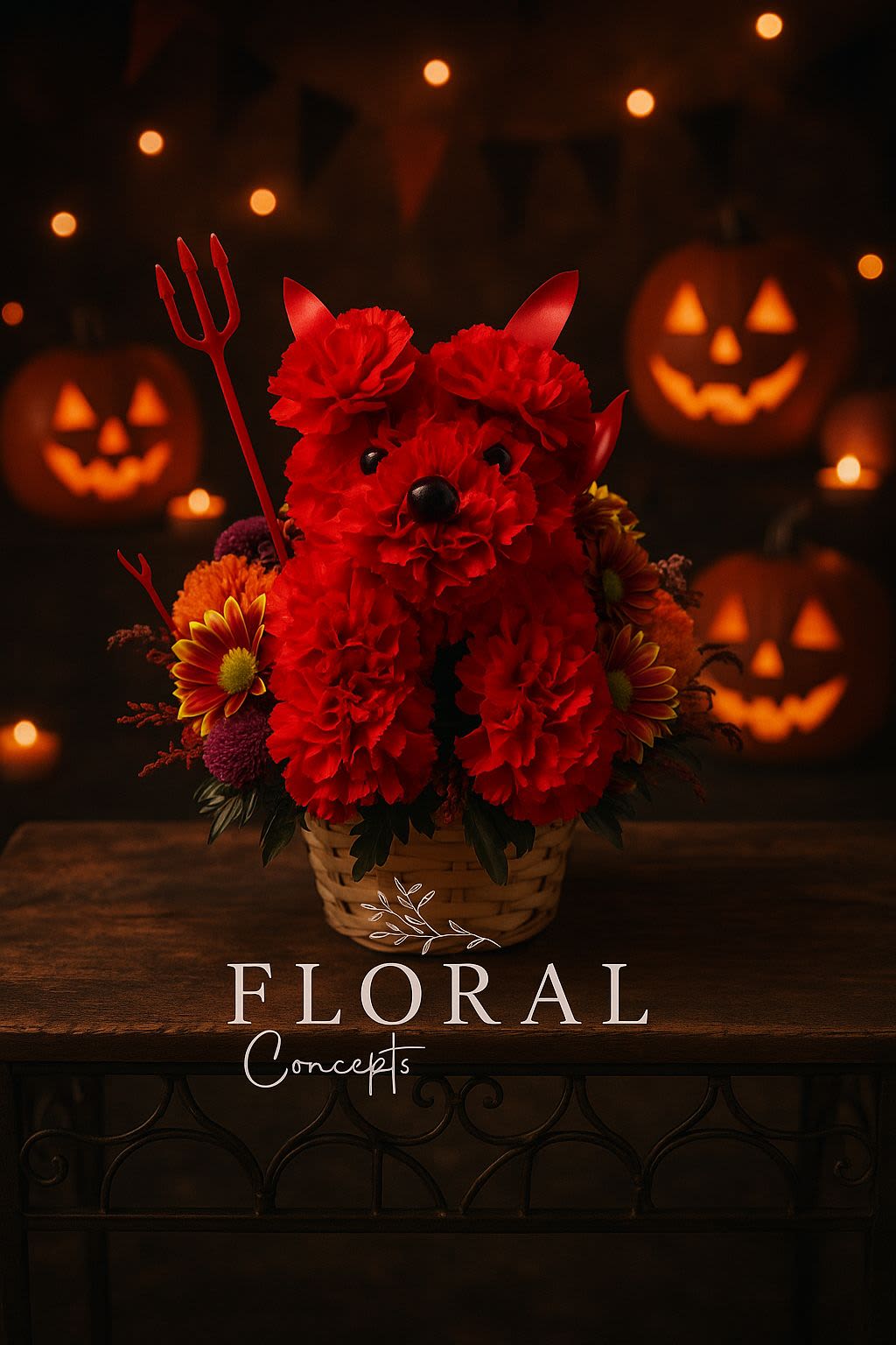 Howl-o-ween Devil Dog - Bring the Halloween spirit to life with our Howl-o-ween Devil Dog. This crimson carnation pup is nestled in a rustic basket, surrounded by festive fall flowers like sunflowers, mums, and golden autumn accents. With glowing jack-o’-lantern vibes, this bouquet is the ultimate spooky showstopper for your home, party, or as a gift to delight someone special.  At Floral Concepts, we design Halloween floral arrangements in Houston that are both whimsical and festive. Our team sources only the freshest flowers for every piece, and with free same-day delivery in Houston and surrounding areas, your celebration is covered.