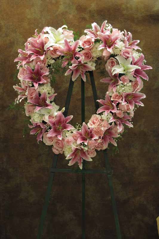 Heart Shaped Standing Spray (SY-27) - Stargazer and White Lilies, Roses, Carnations, Hydrangeas, Babies breath