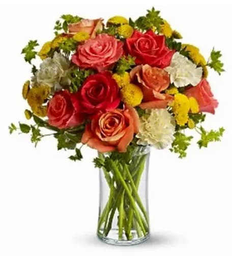Citrus sunny Citrus sunny - Arrangement clear vase, Orange roses, yellow button, white carnation and greenery
