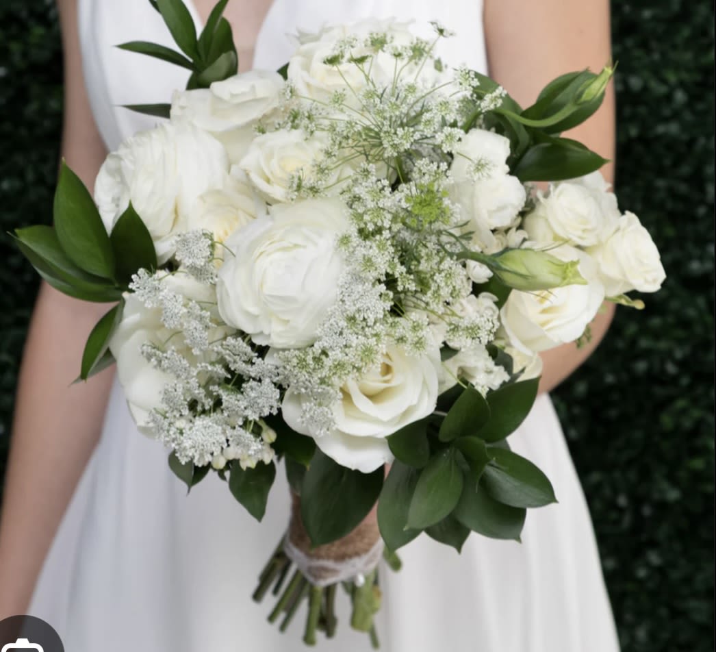 all white handheld bridal bouquet - standard roses , spray roses, lisianthus, queen annes lace,  accented with dark green israeli ruscus tied with ribbon 