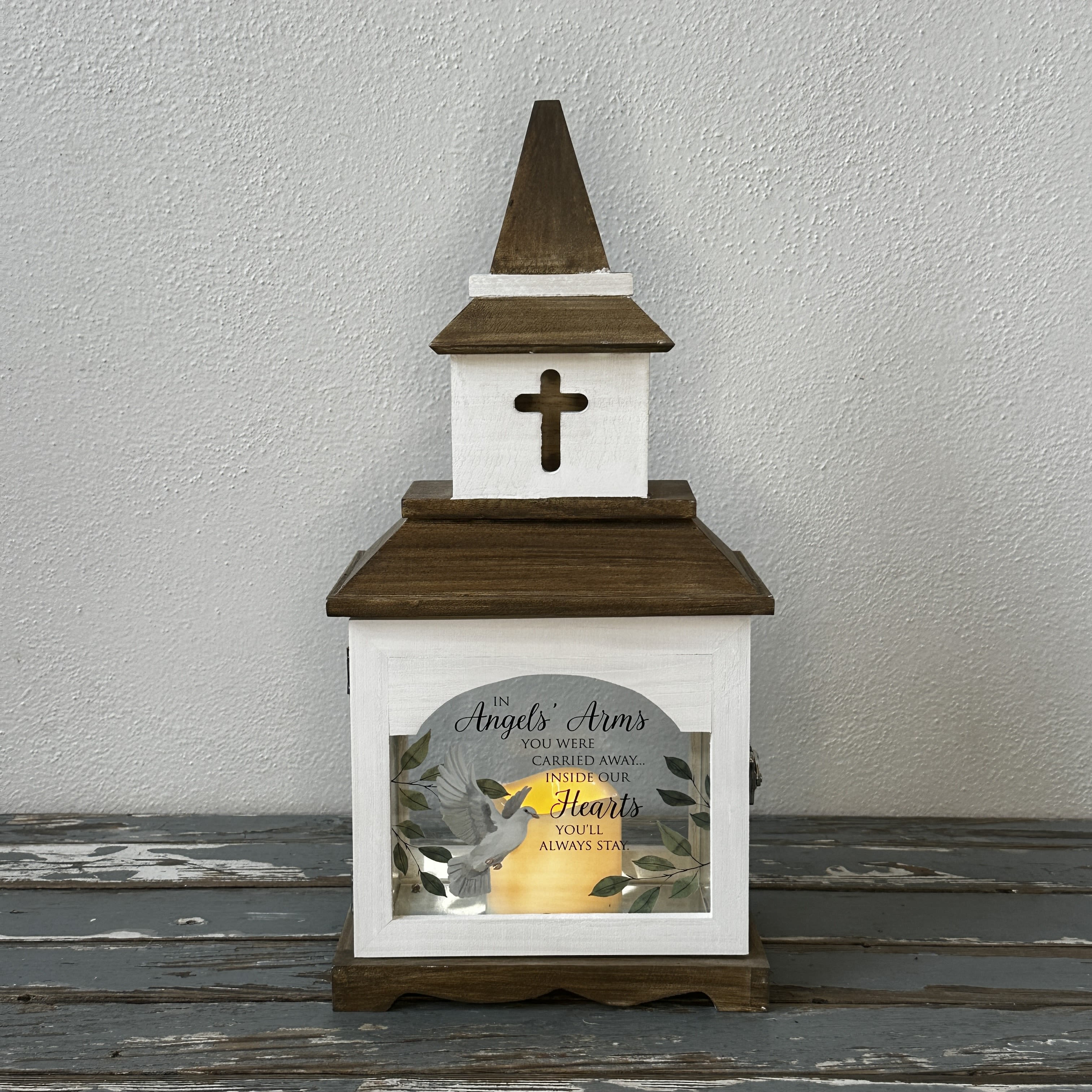 &quot;In Angles Arms&quot; Chapel Lantern - A chapel lantern with a battery operated candle, green leaves, and doves.  Text Reads: &quot;In Angles arms you were carried away, inside hearts you'll always stay.&quot;   **Batteries Included**