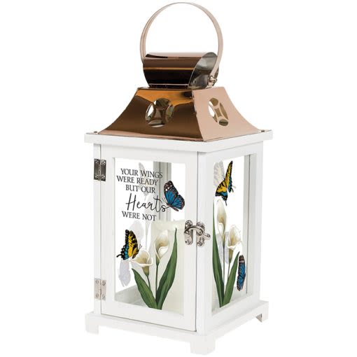 &quot;Your Wings&quot; Lantern - This wooden slat lantern is made with quality wood with a stainless steel finish top. It comes inscribed with sentimental quotes amid beautiful artwork on all four sides and a charming flameless LED candle. Suitable for hanging or use as a freestanding item. Recommended as an accent in floral arrangements for many occasions. It is also weather friendly!  Lantern Reads: &quot;Your wings were ready but our hearts were not&quot;  W: 8.75&quot; H: 12.5&quot; D: 5.25&quot;