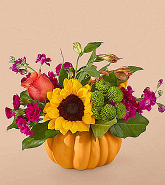 Pumpkin Spice - Send a beautiful arrangement in a ceramic keepsake pumpkin containing a colorful array of fall flowers to spice up their day!