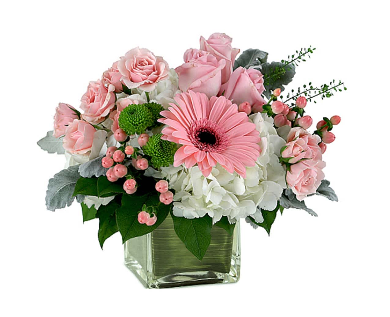 Beautiful Moments - This arrangement is a classic mixture of summer florals that include hydrangea, gerbera, spray roses, hypericum berries and green poms.  Makes a great centerpiece or gift for a friend or loved one.