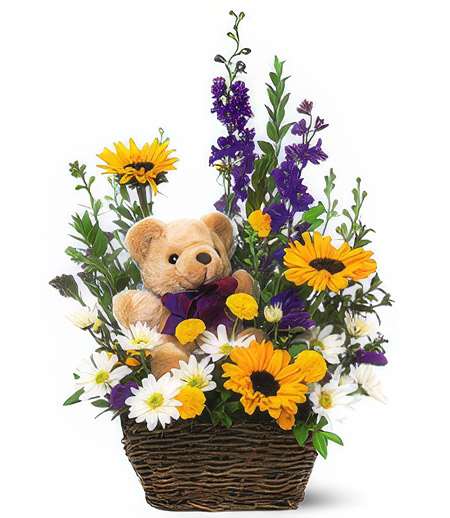 Bear of Love - Huggable, loveable and vividly stunning! Lively, bright flowers in vivacious shades of purple, yellow and white burst with beauty and alluring vibrance while an adorable teddy bear exudes soft, plush cuteness--sure to induce cheek-hurting smiles! What an utterly perfect gift!  Add water daily to ensure your floral arrangement stays fresh and display the flowers in a cool location away from direct sunlight.