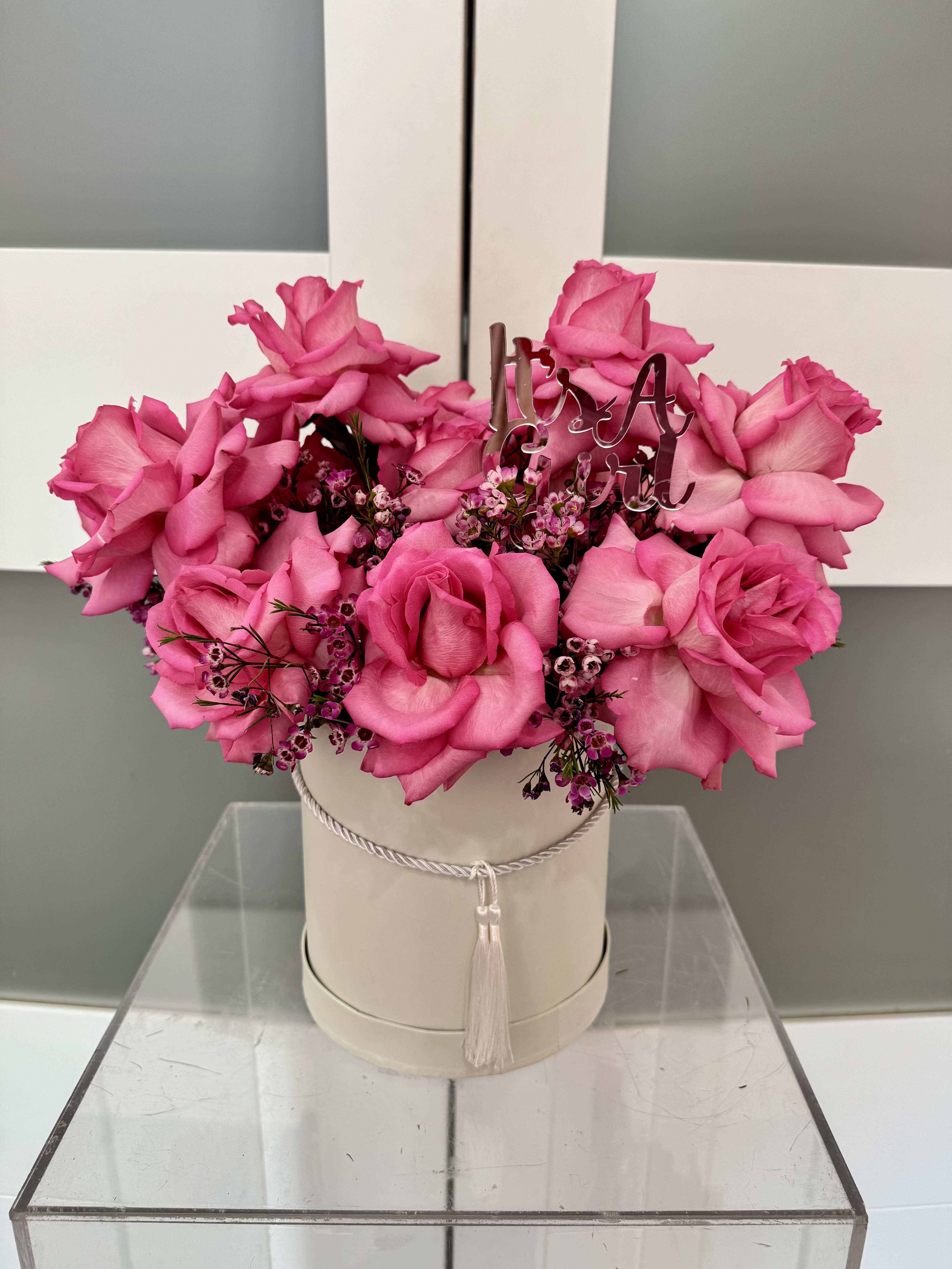 Pink Bloom Box - Premium Ecuadorian roses reflexed in our signature box with &quot;it's a girl&quot; topper