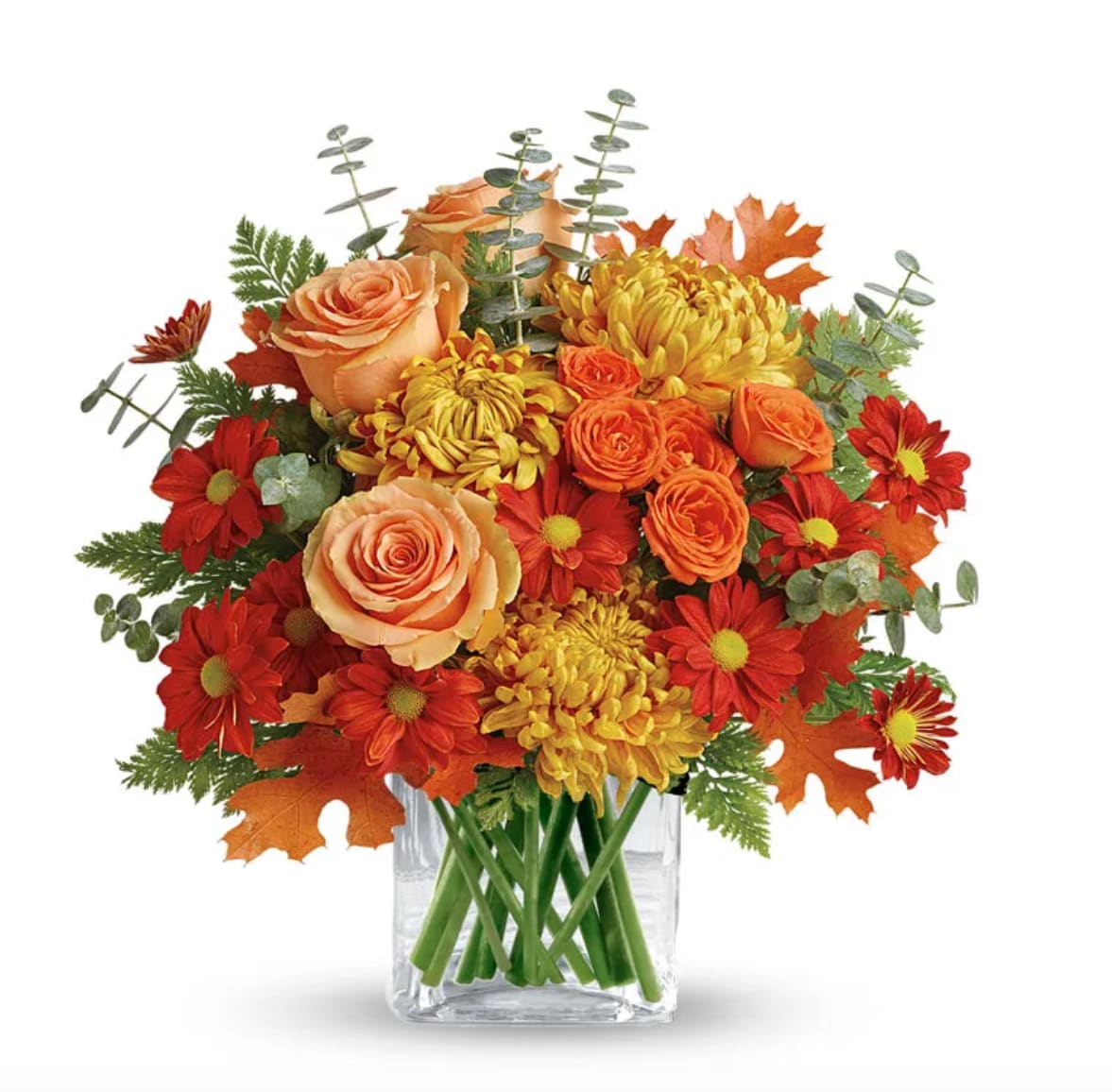 Harvest Moon - Fall mix of orange or yellow roses with fall daisies in a vase