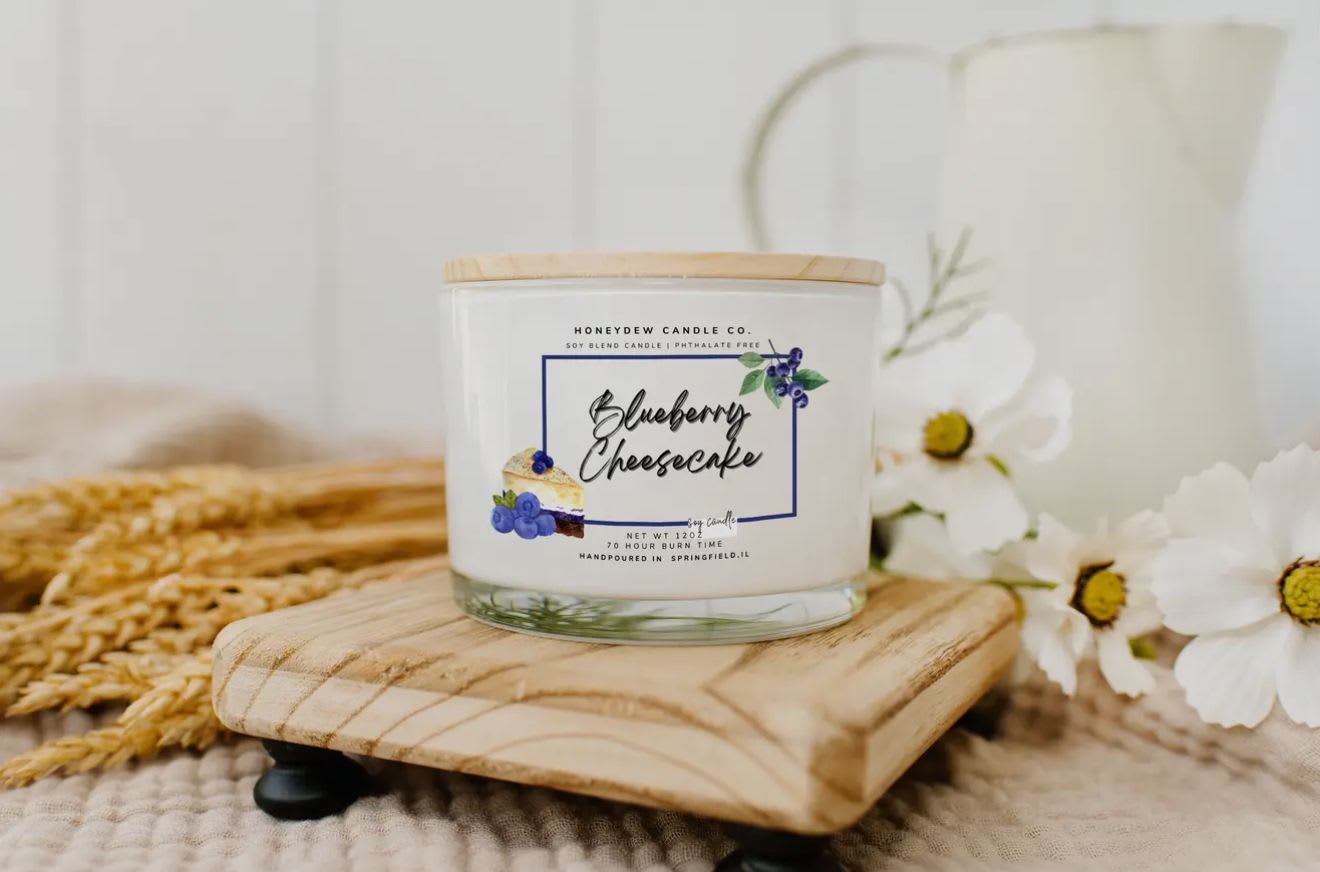 Blueberry Cheesecake -- Honeydew Candle Co. - Honeydew Candle Co. Soy Blend Candle -- Phthalate Free 70 Hour Burn Time -- 3 Wick Candle  NET WT 12oz