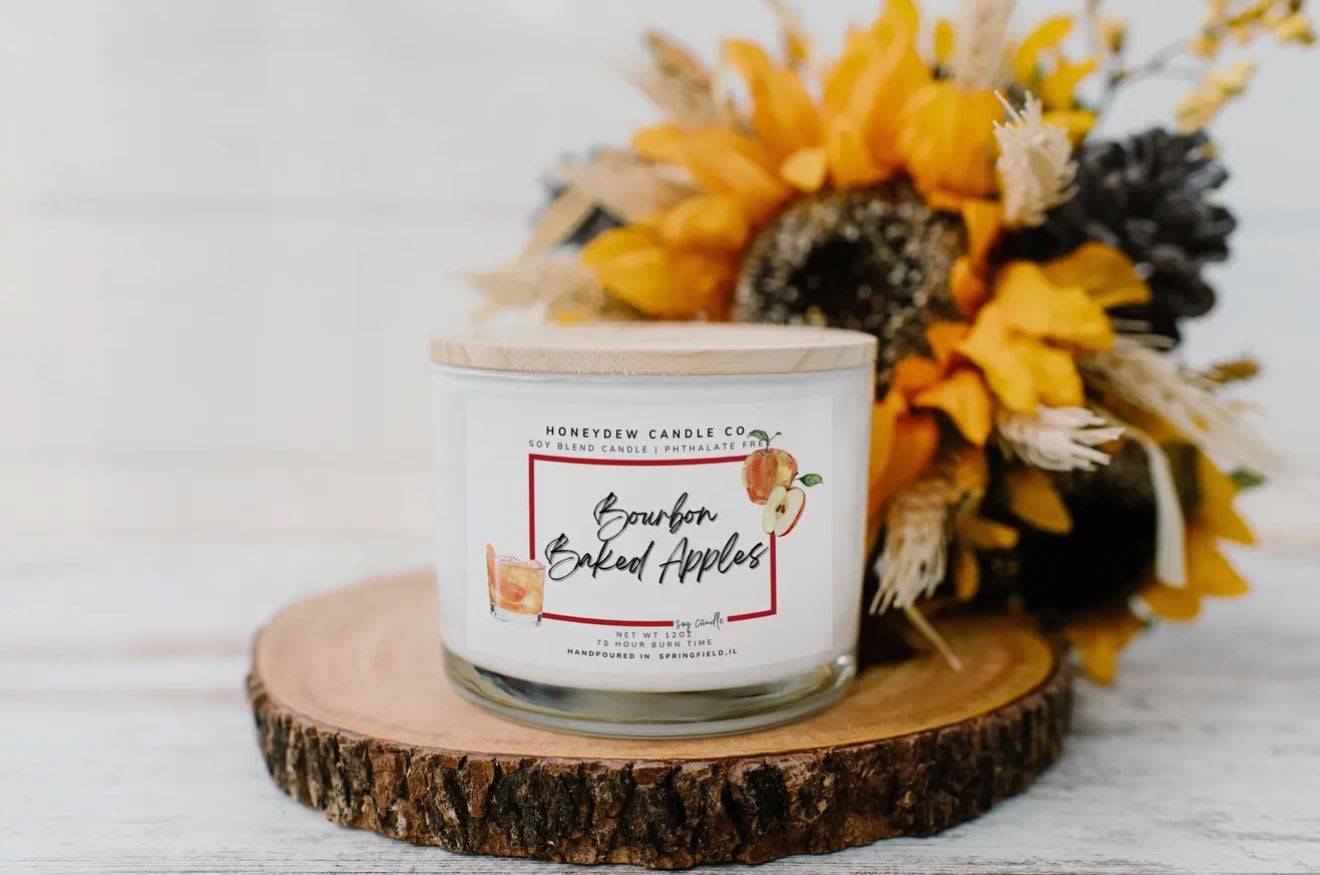 Bourbon Baked Apples - Honeydew Candle Co. Soy Blend Candle -- Phthalate Free 70 Hour Burn Time -- 3 Wick Candle  NET WT 12oz