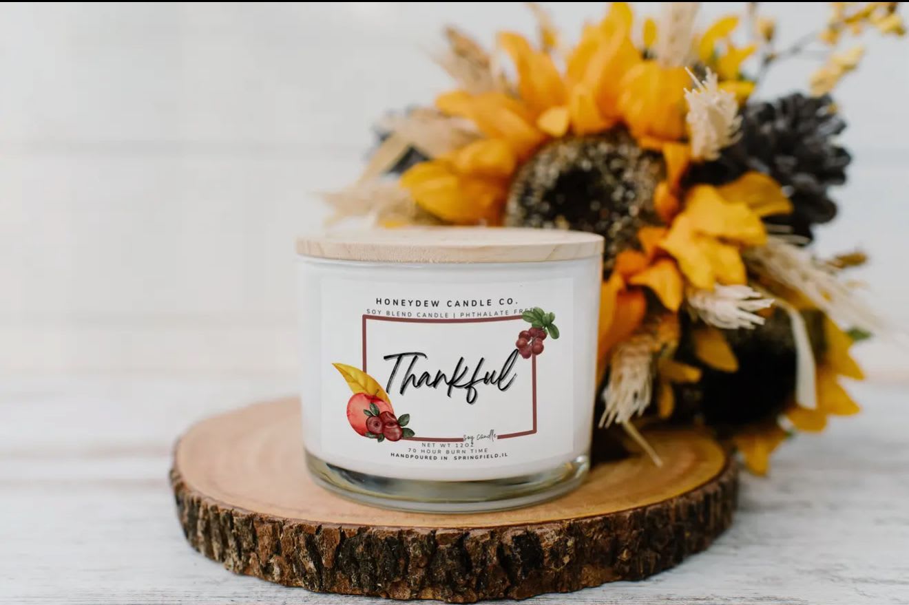 Thankful -- Honeydew Candle Co. - Honeydew Candle Co. Soy Blend Candle -- Phthalate Free 70 Hour Burn Time -- 3 Wick Candle  NET WT 12oz