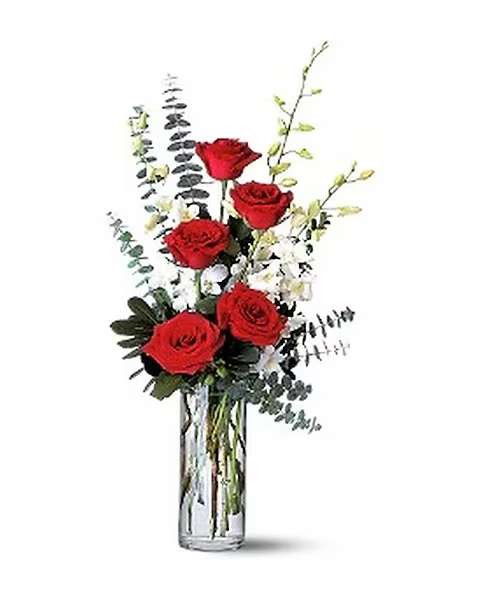 Remembering our Love - Red Ecuadorian roses with White dendrobium orchids