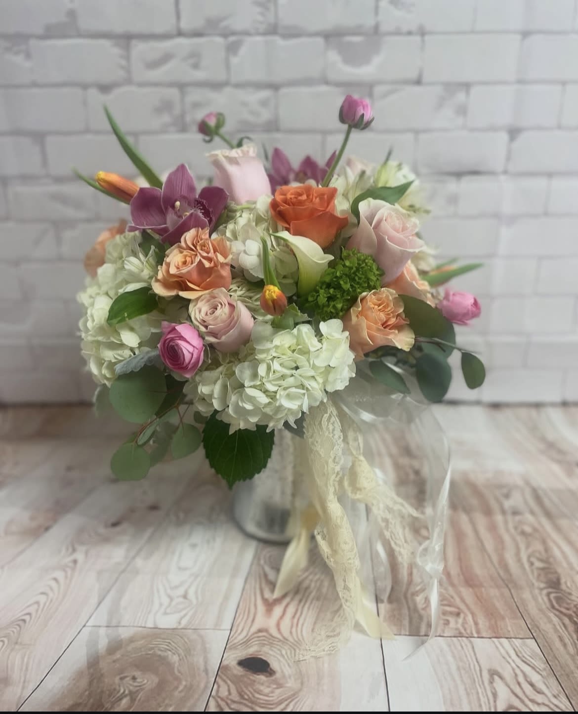 romantic spring bouquet romantic spring bouquet - soft color palette in a vase adorned with lace & ribbons