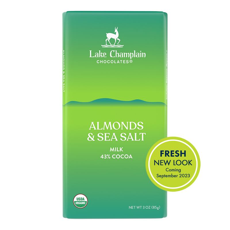 Almonds and Sea Salt - The sweetness of fair trade milk chocolate, the nutty crunch, and the tang of sea salt make this bar uncommonly satisfying. Craveable flavors and contrasting textures beckon just one more bite. 43% cocoa content