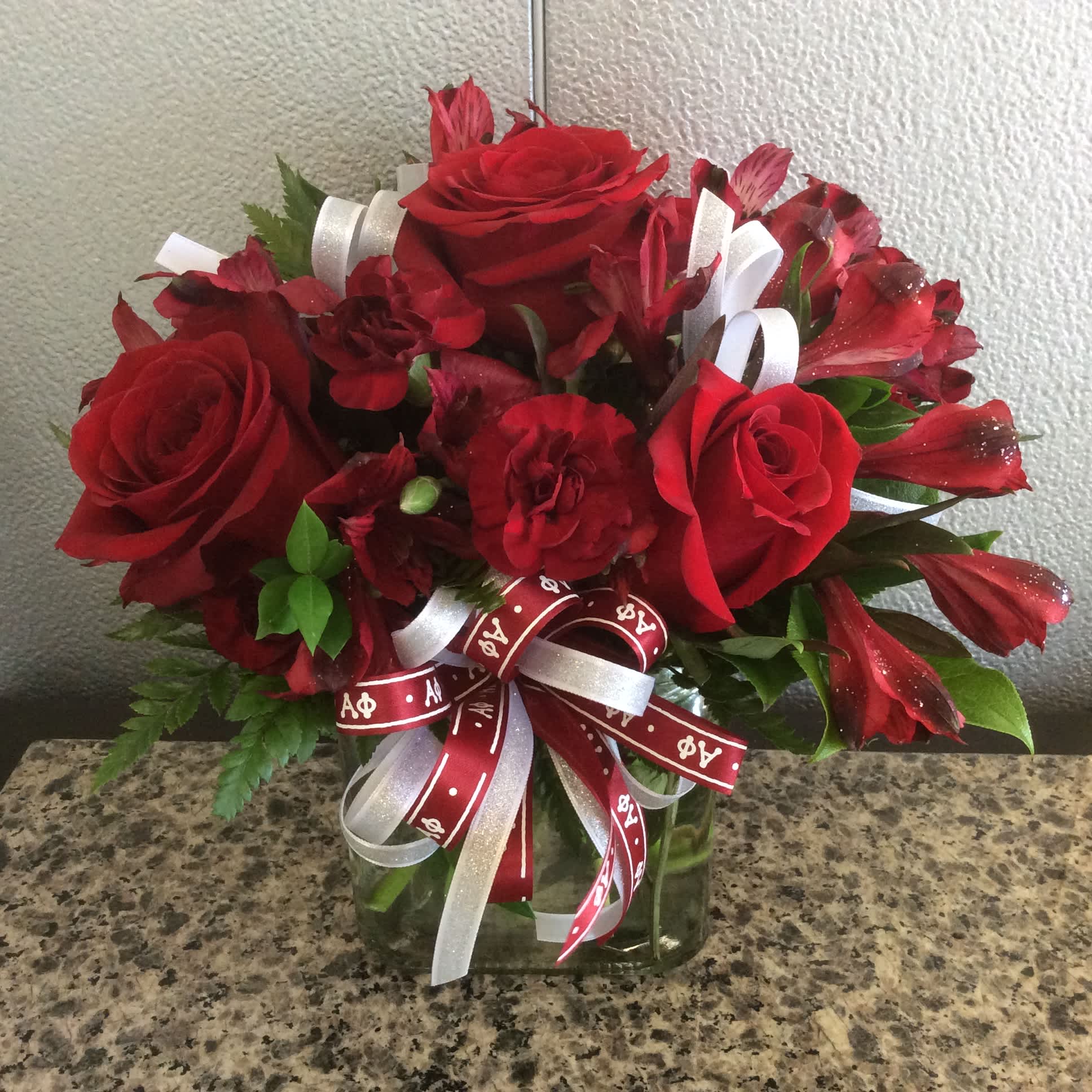 Alpha Phi Sorority Cube - Roses, alstomeria &amp; mini carnations arranged in glass cube - Approx. Height 13&quot;