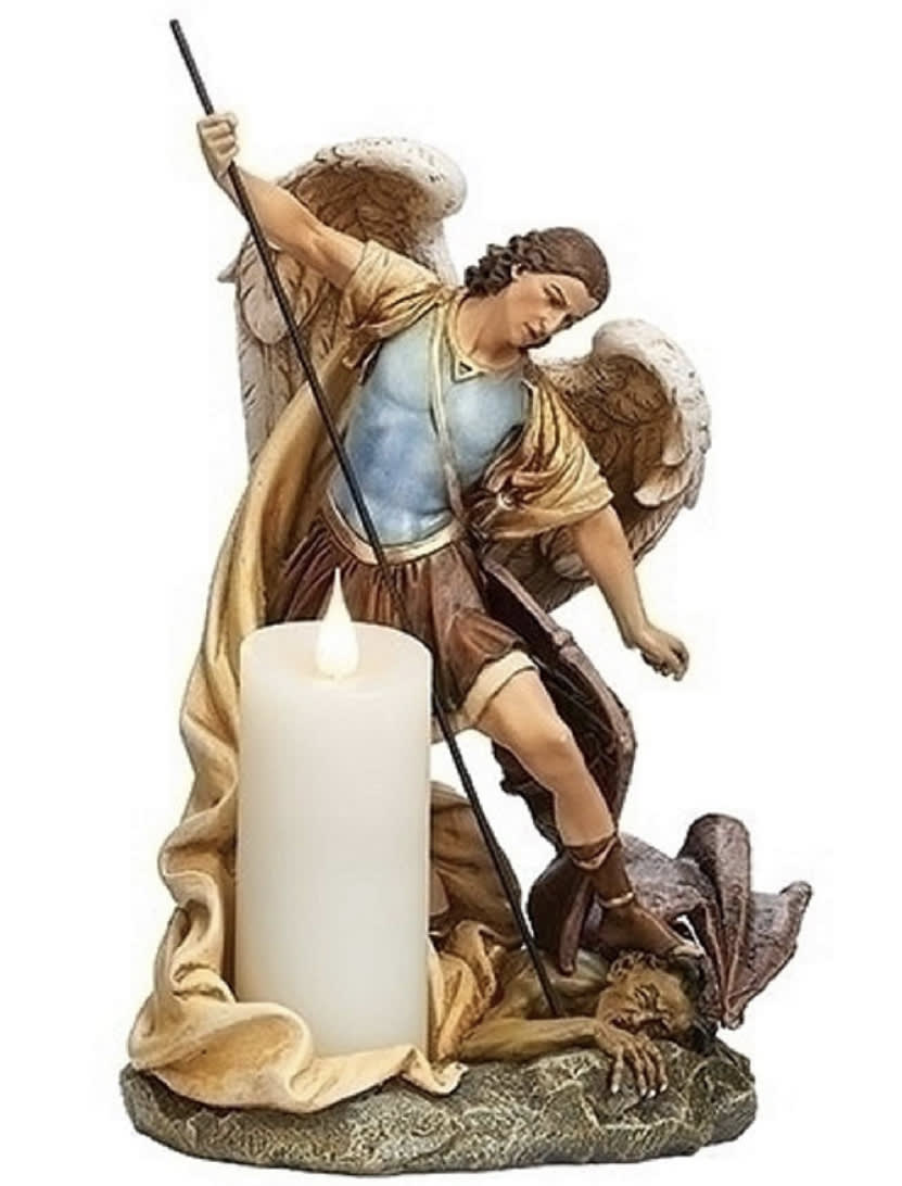 RELIGIOUS GIFTS- SCULPTURE - Saint Michael the Archangel candle holder RELIGIOUS GIFTS- SCULPTURE - Saint Michael the Archangel candle holder - Theme RENAISSANCE COLLECTION Division JOSEPH’S STUDIO by ROMAN INC Materials RESIN/STONE MIX Dimension 11"H x 7.5"W x 5.75"D