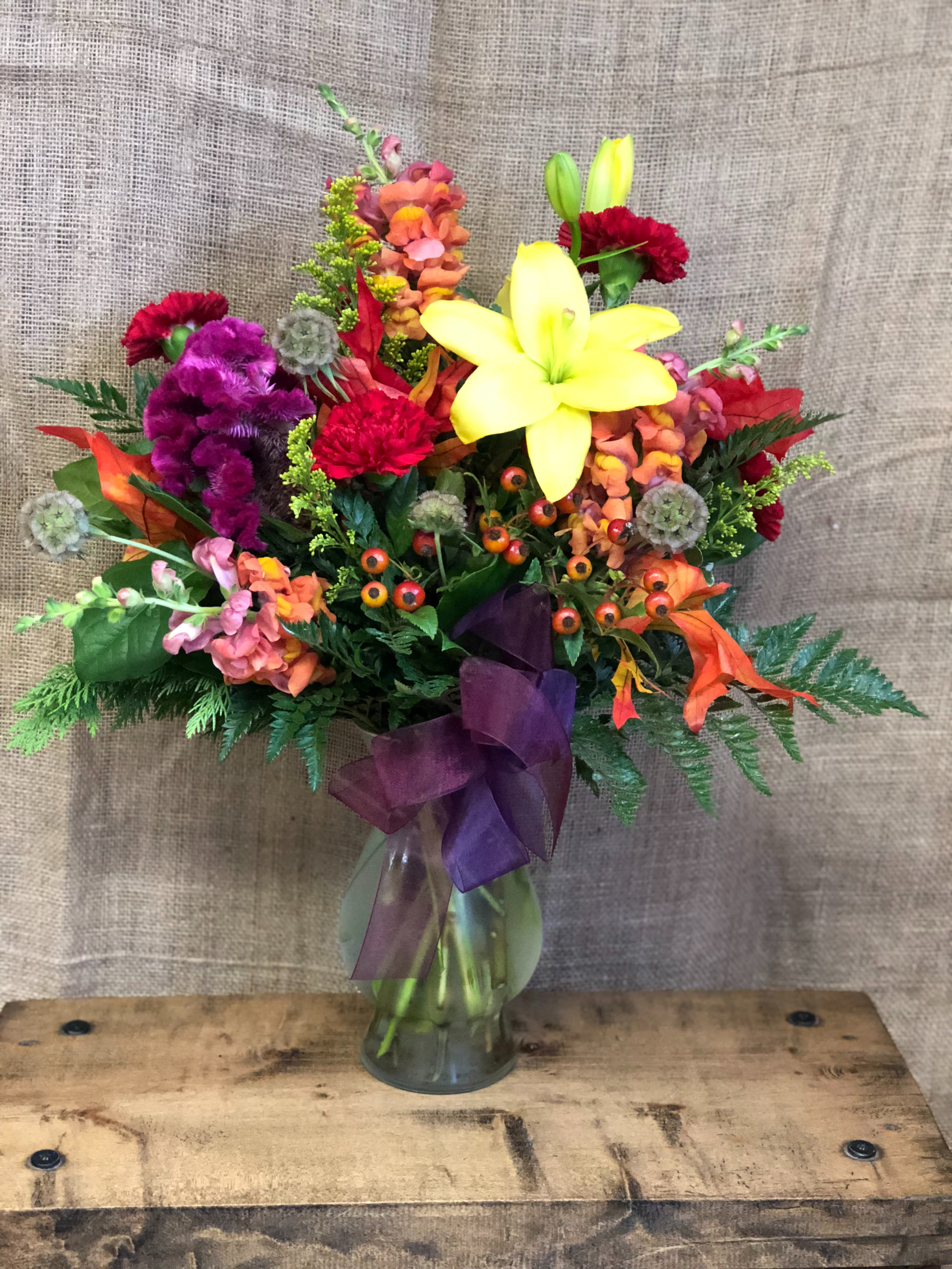Harvest Moon - Mixed flower textures and colors sure to remind you of crisp air and colorful leaves.